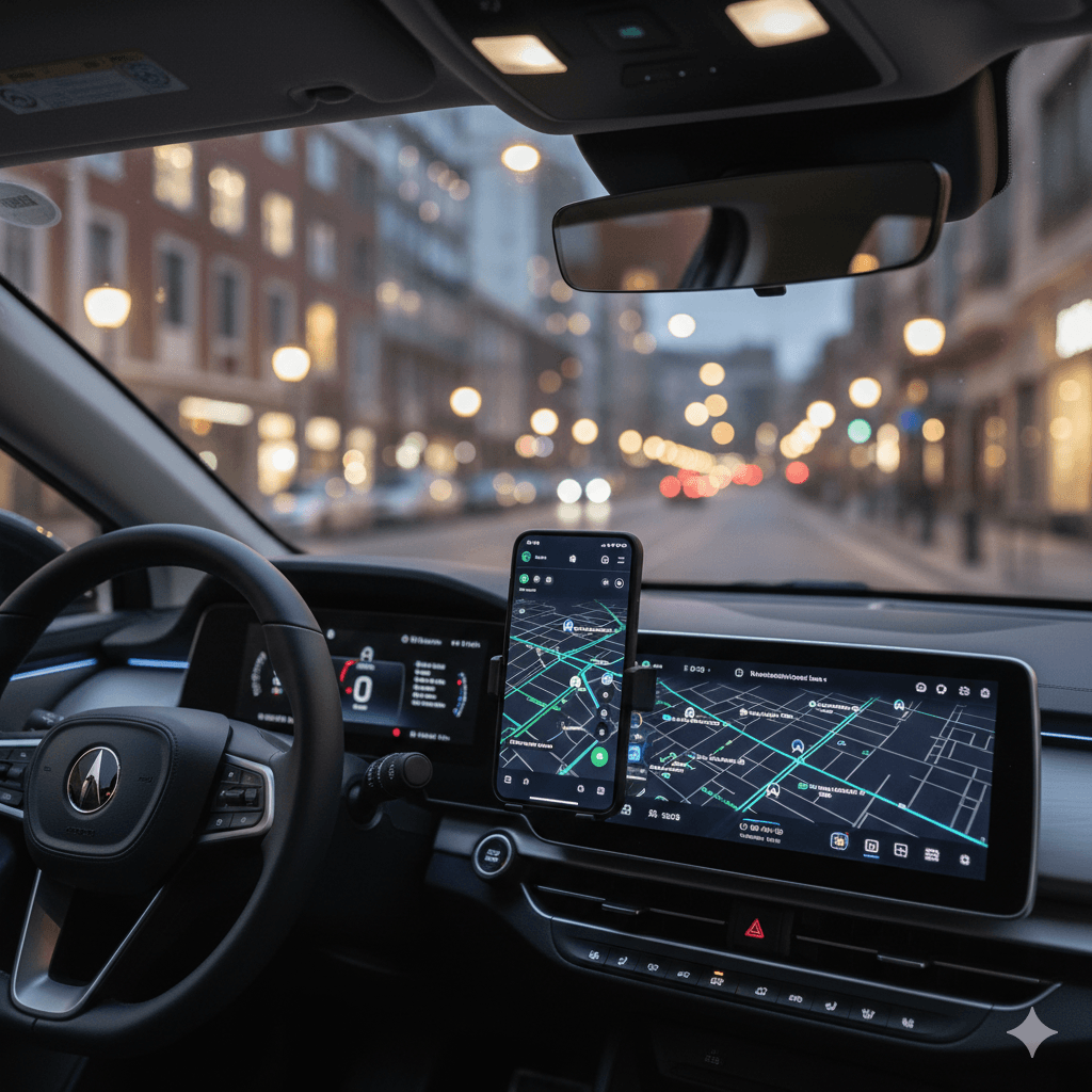 Smartphone s navigační aplikací na palubní desce elektromobilu