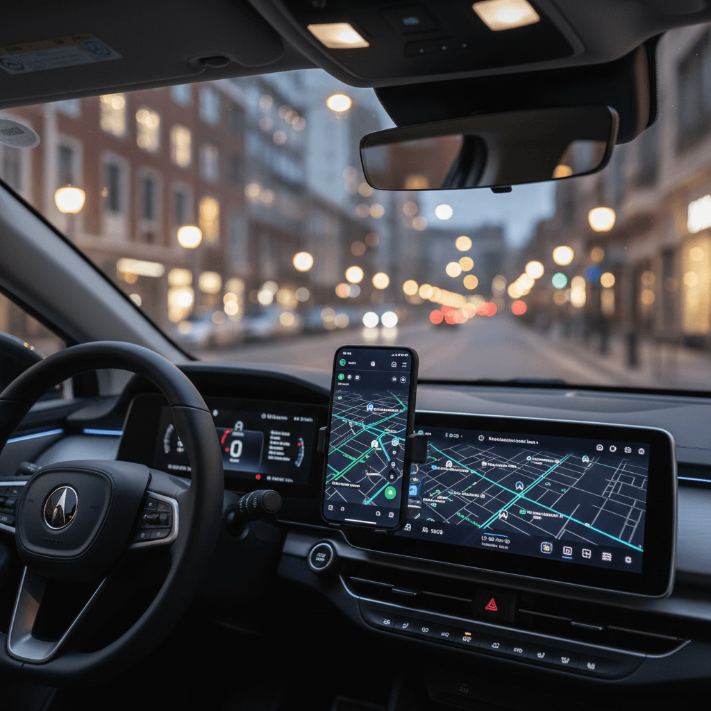 Smartphone s navigační aplikací na palubní desce elektromobilu