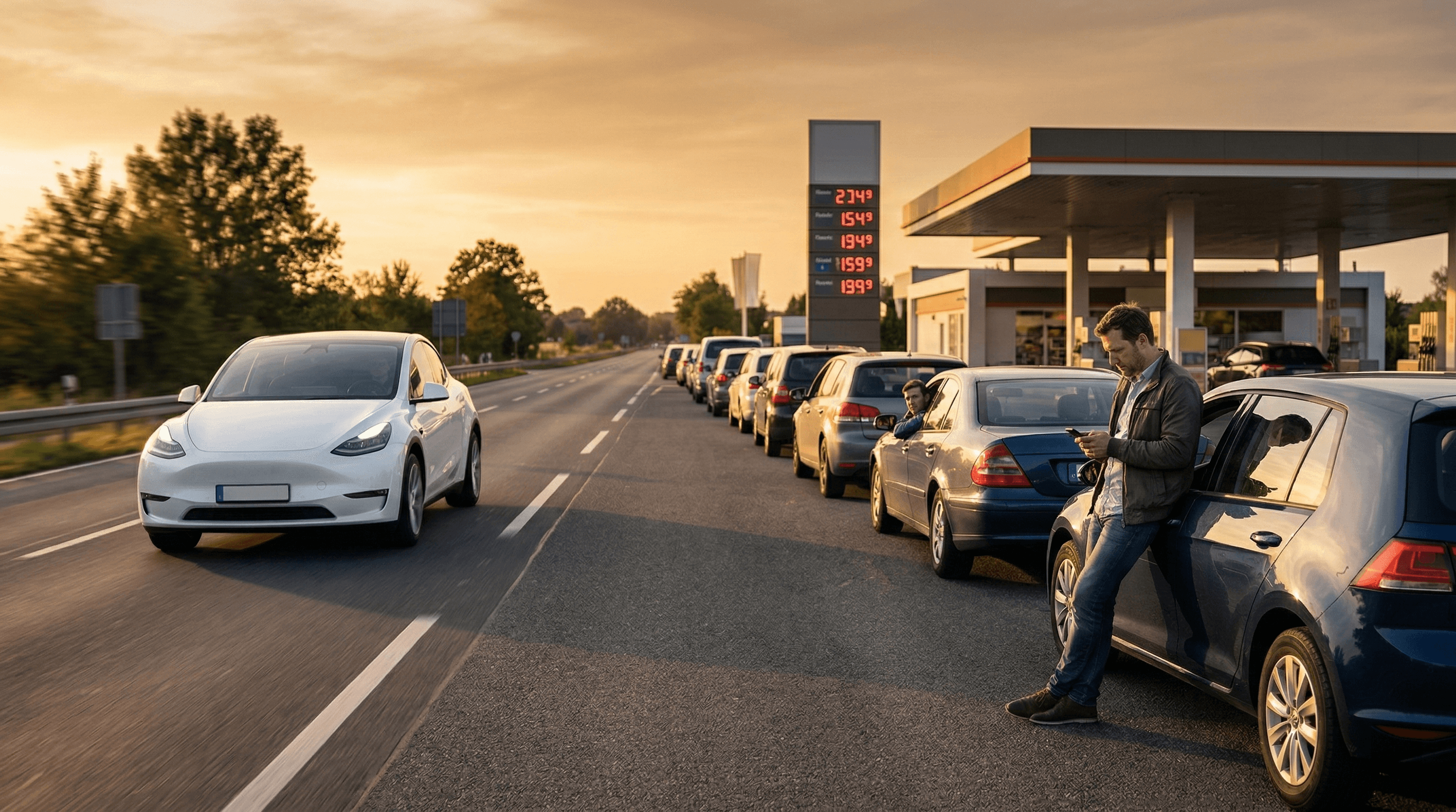 Fronta aut na čerpací stanici při západu slunce