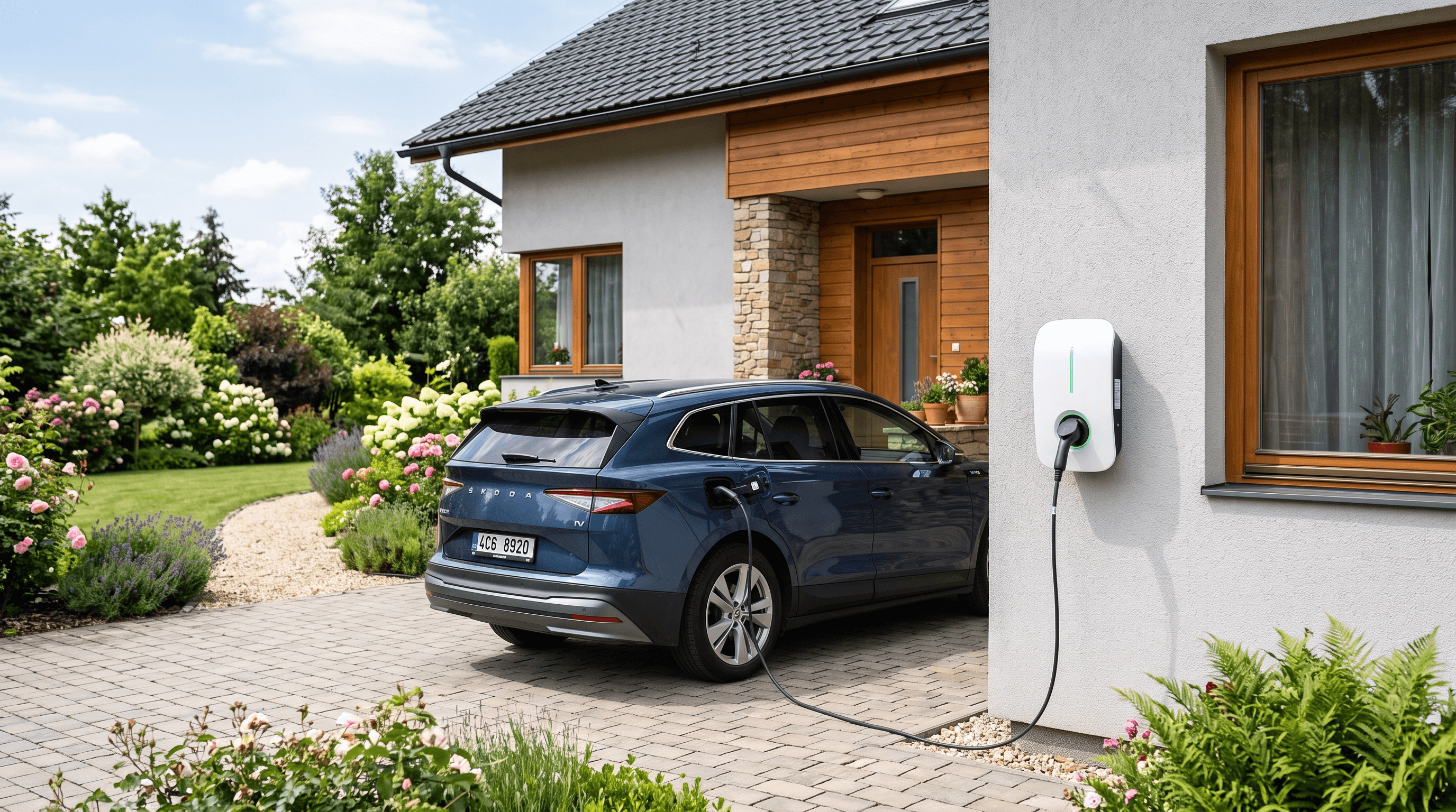 Český wallbox na fasádě rodinného domu s nabíjejícím se elektromobilem