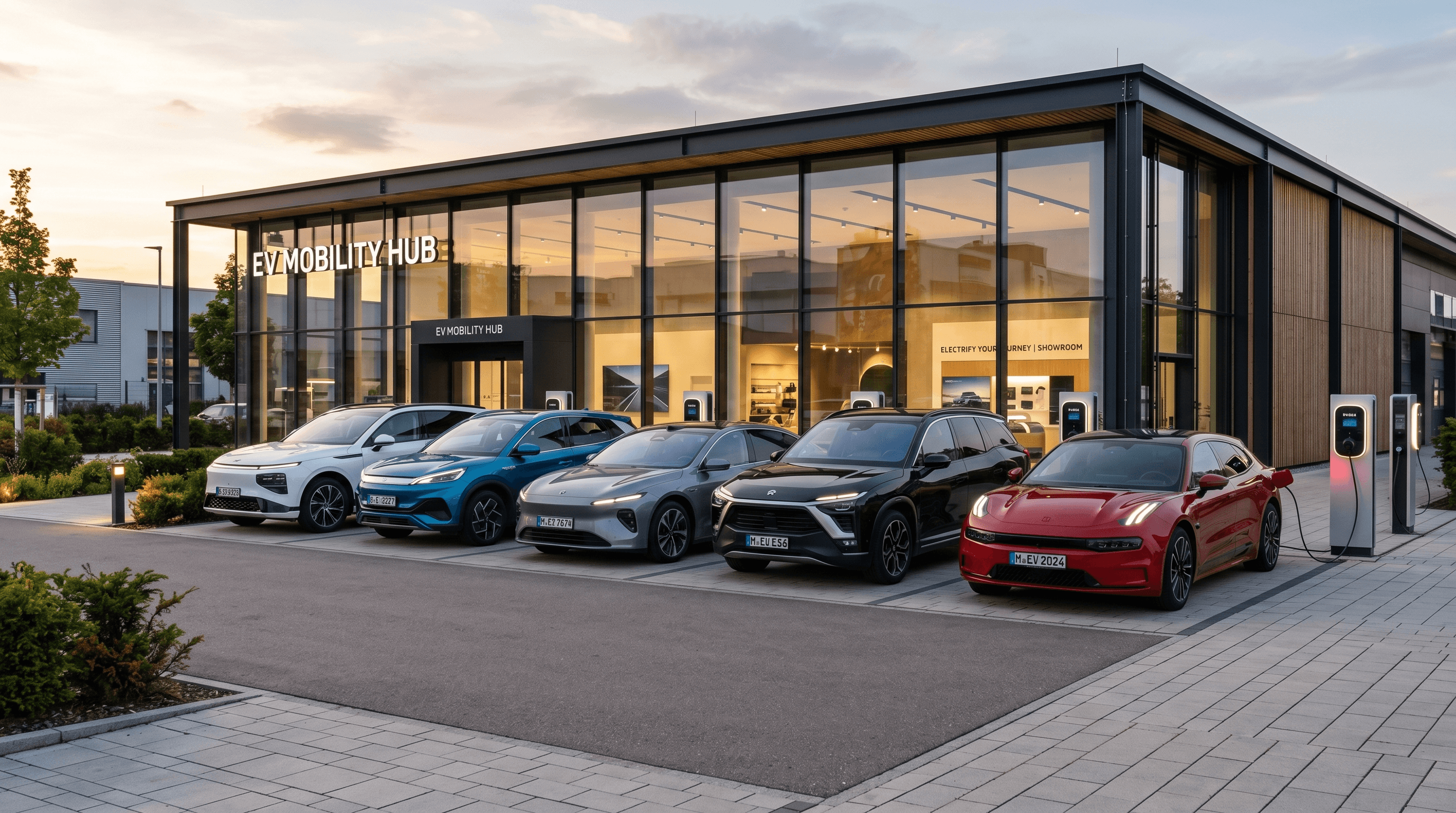 Pětice moderních čínských elektromobilů zaparkovaná před prosklenou prodejnou s nabíjecími stanicemi v podvečerním světle