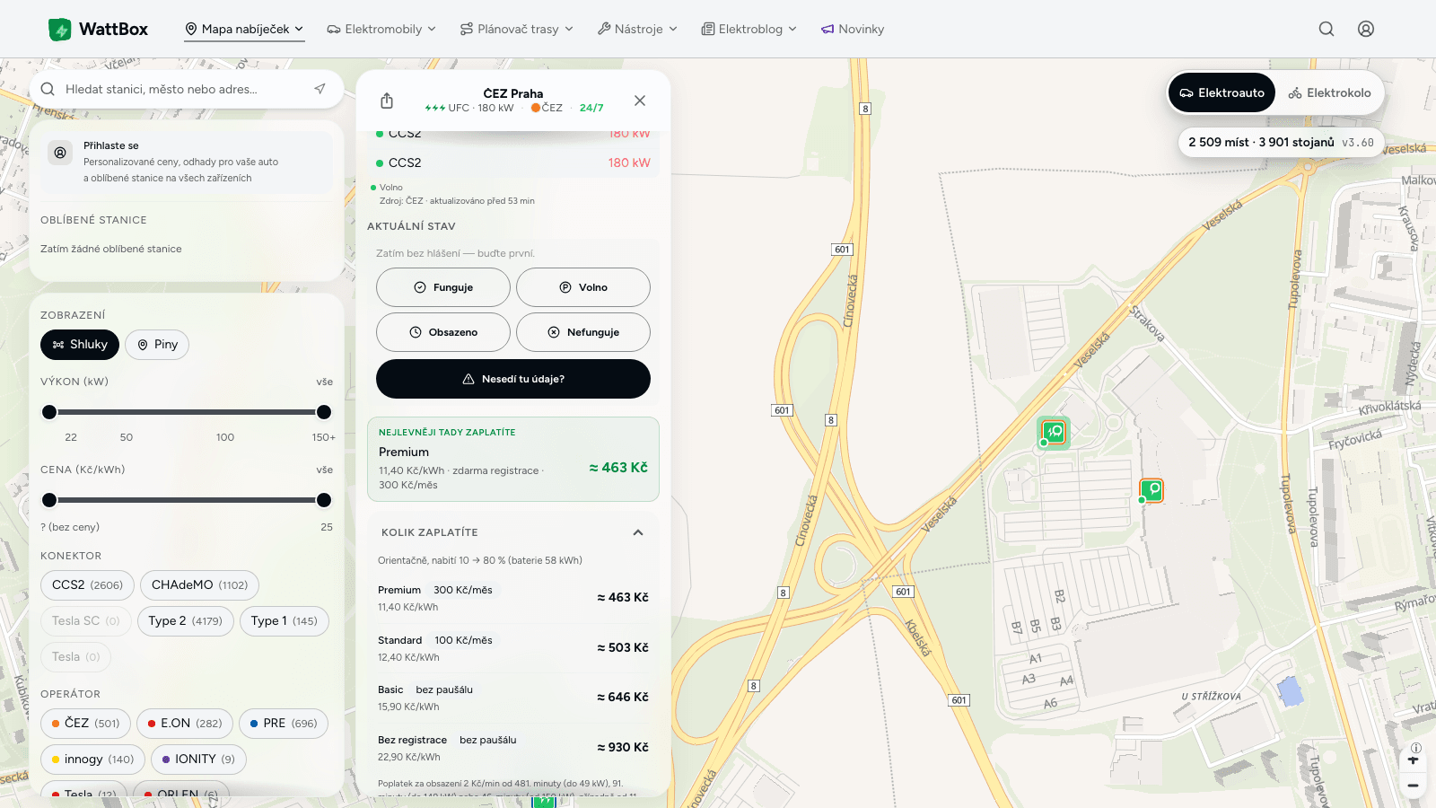 Detail nabíjecí stanice na mapě WattBoxu se stavem Volno a doporučeným tarifem