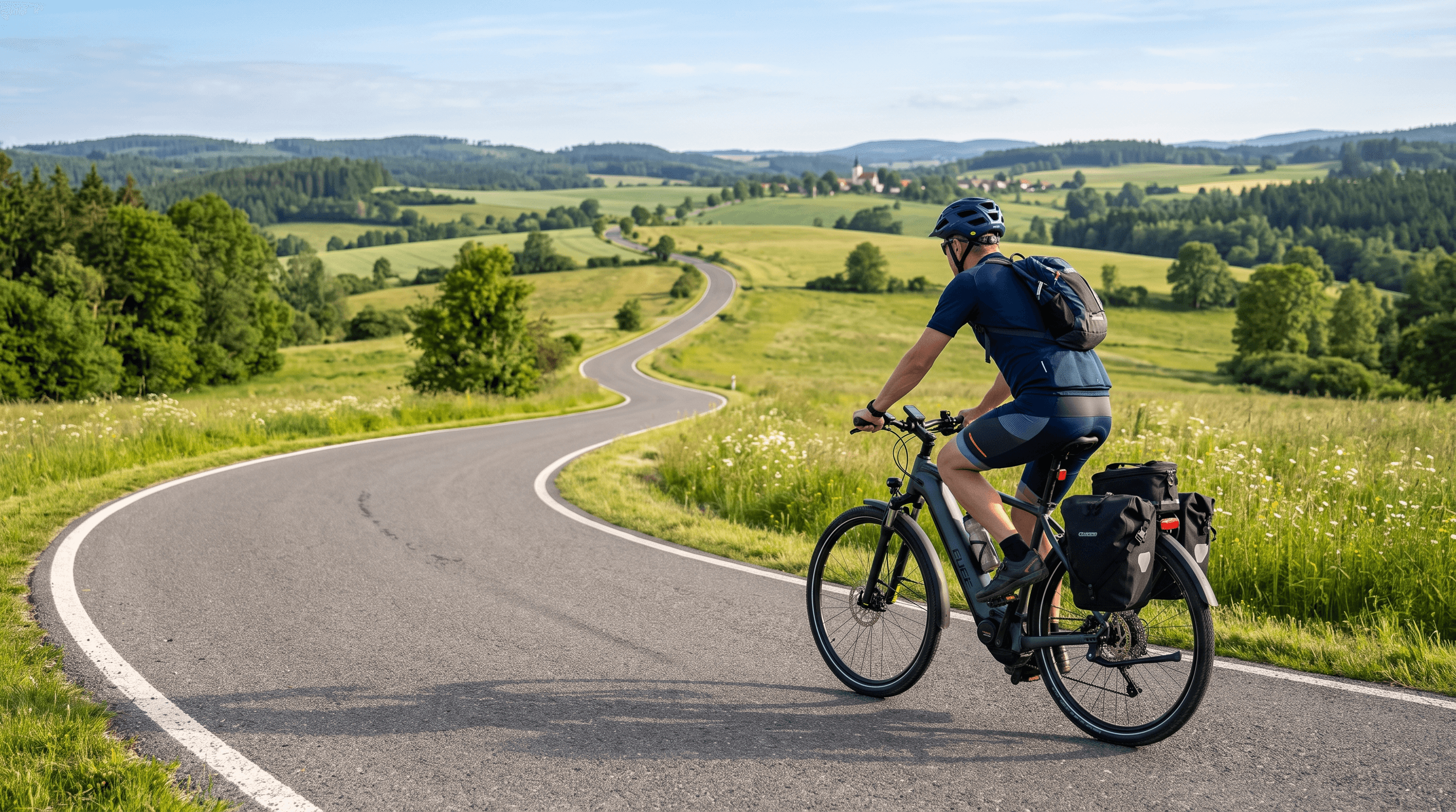 Cyklista na elektrokole s brašnami stoupá po klikaté silnici mezi kopci české krajiny
