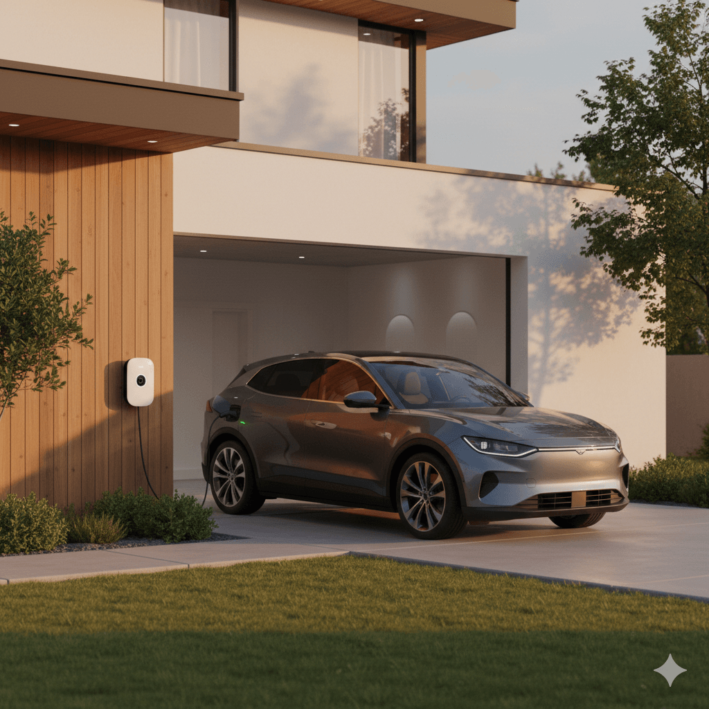 Elektromobil nabíjející se u domácího wallboxu v garáži