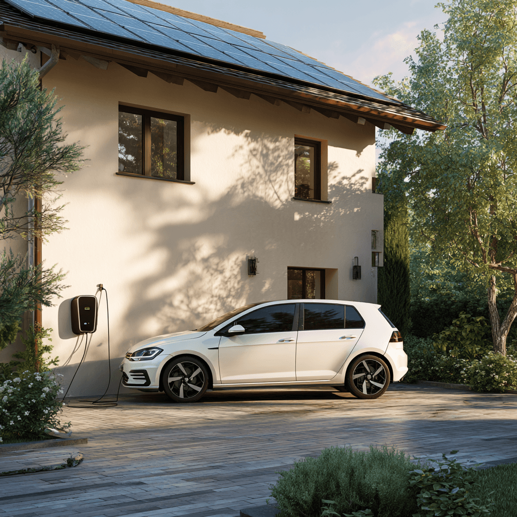 Elektromobil nabíjející se u domu s wallboxem a solárními panely