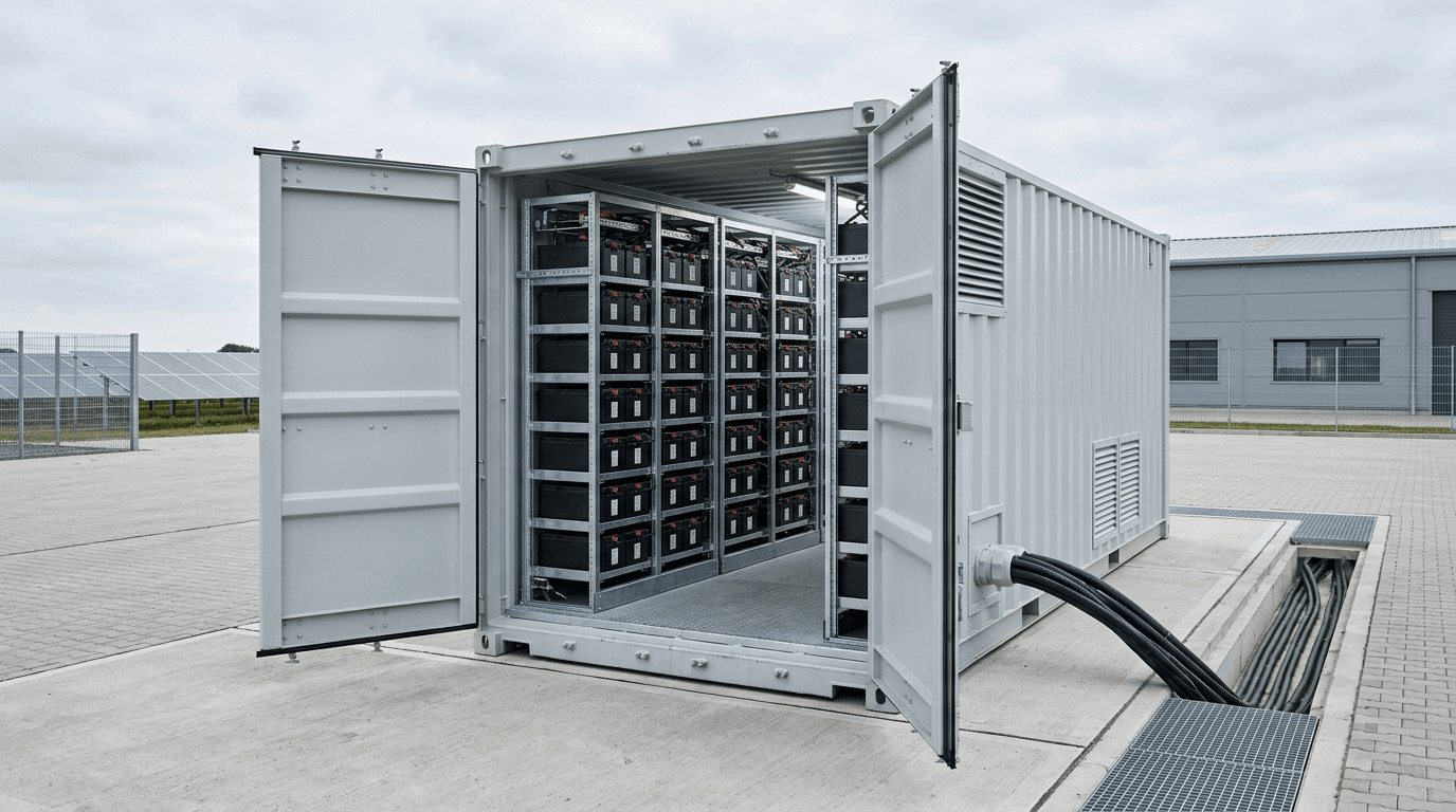 Kontejnerové bateriové úložiště s otevřenými dveřmi, uvnitř regály s moduly z vyřazených baterií elektromobilů