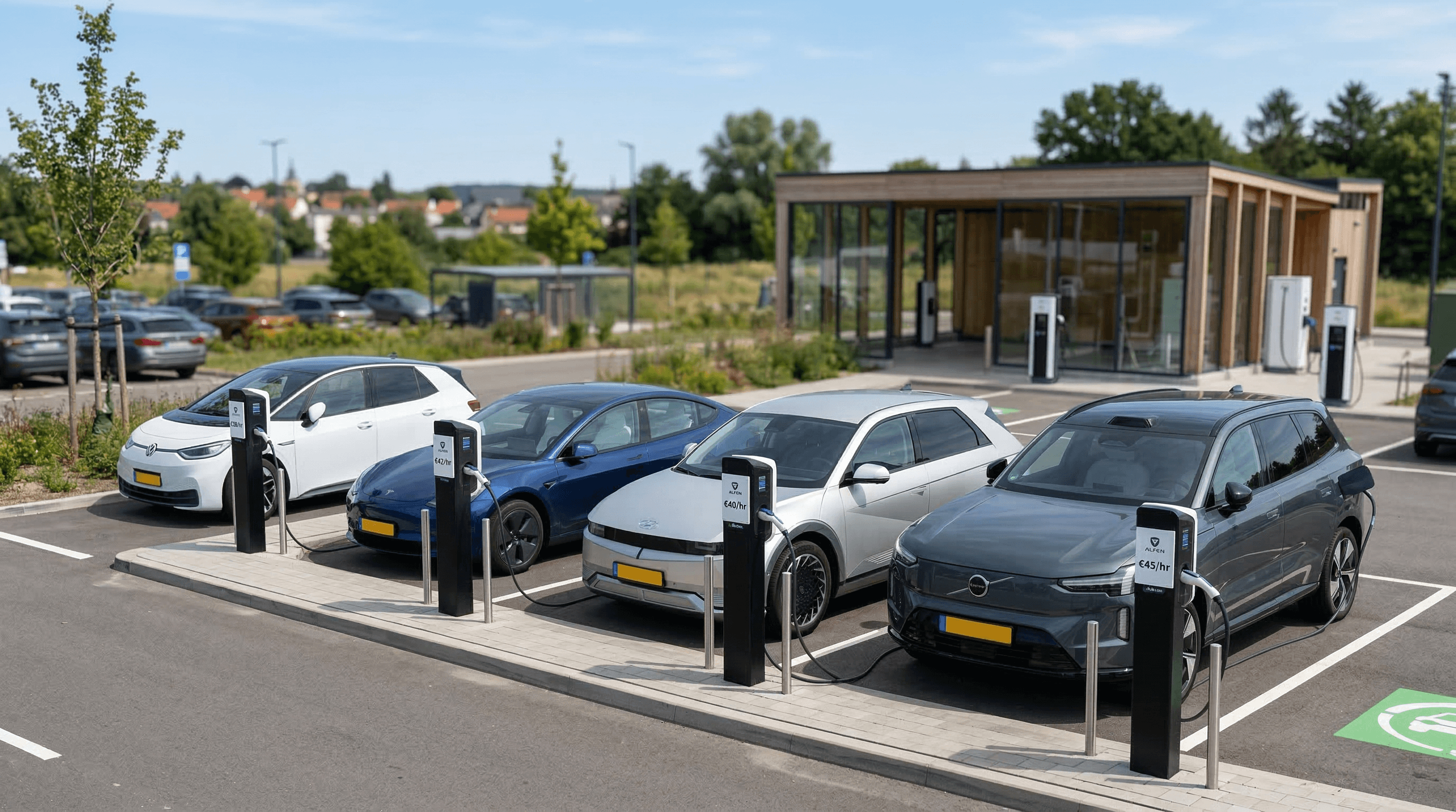 Řada elektromobilů zaparkovaných u nabíjecích stanic