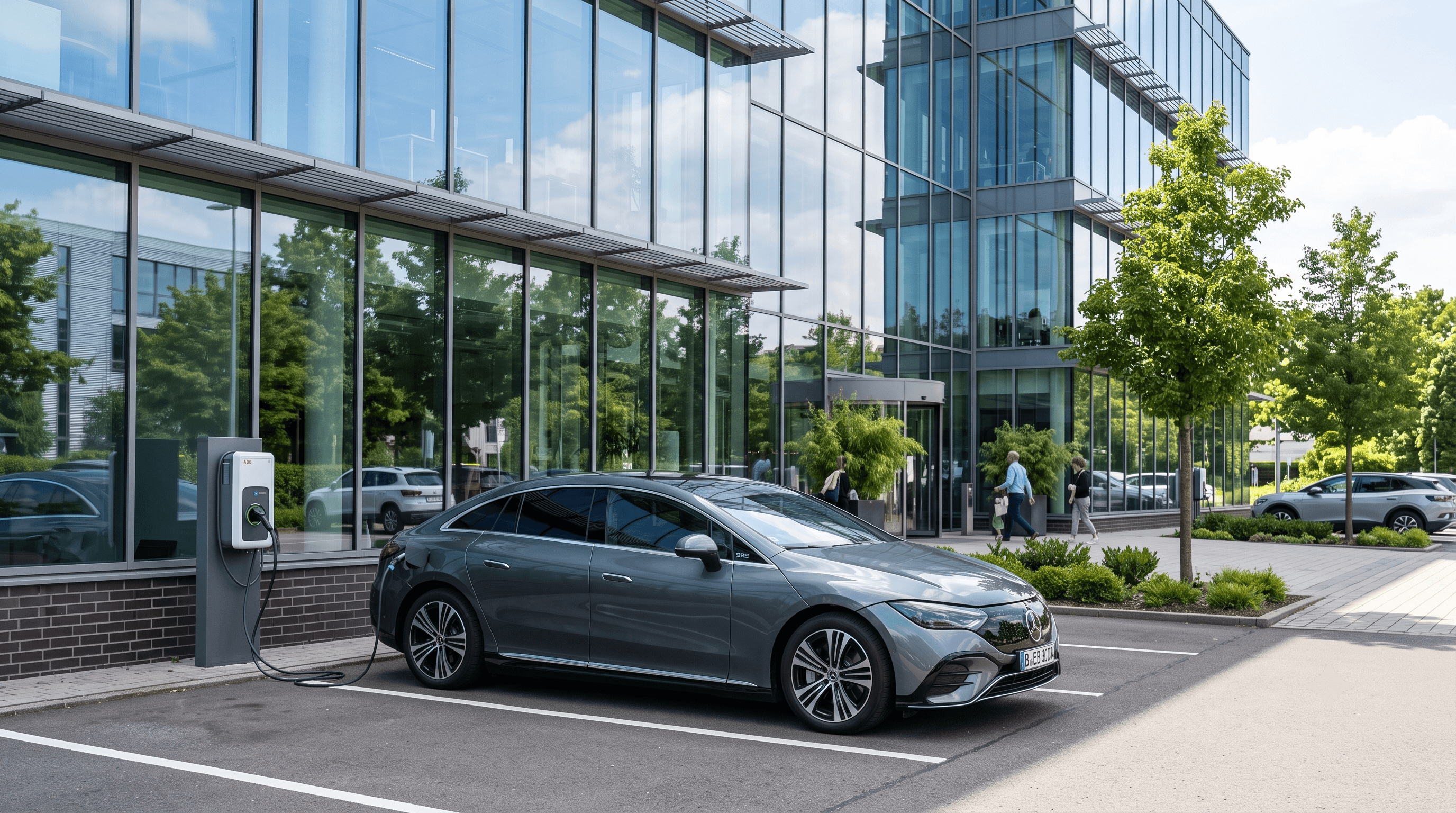 Šedý elektrický služební vůz nabíjející se z wallboxu před moderní skleněnou kancelářskou budovou