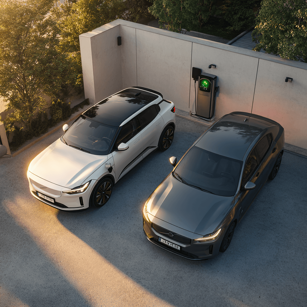 Elektromobil a hybridní auto vedle sebe na parkovišti