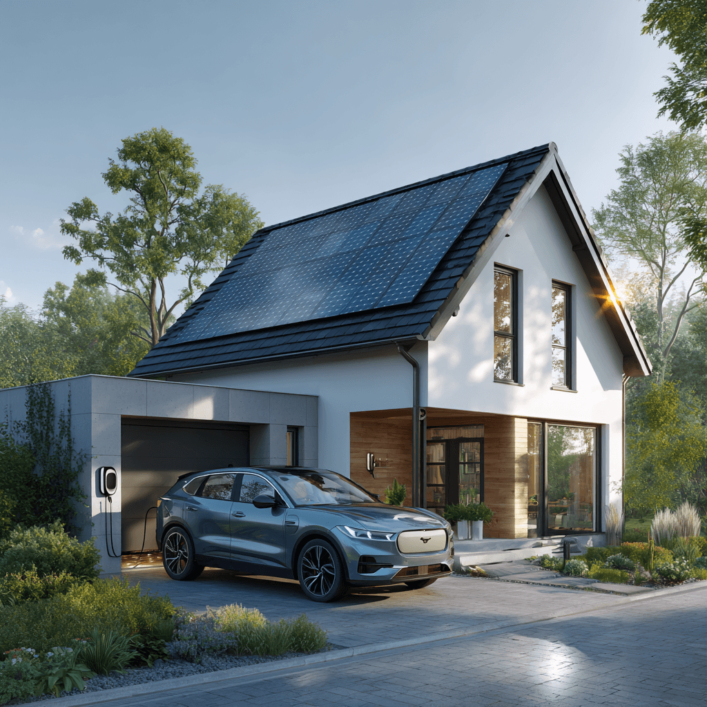 Rodinný dům se solárními panely na střeše a elektromobilem nabíjejícím se u wallboxu v garáži