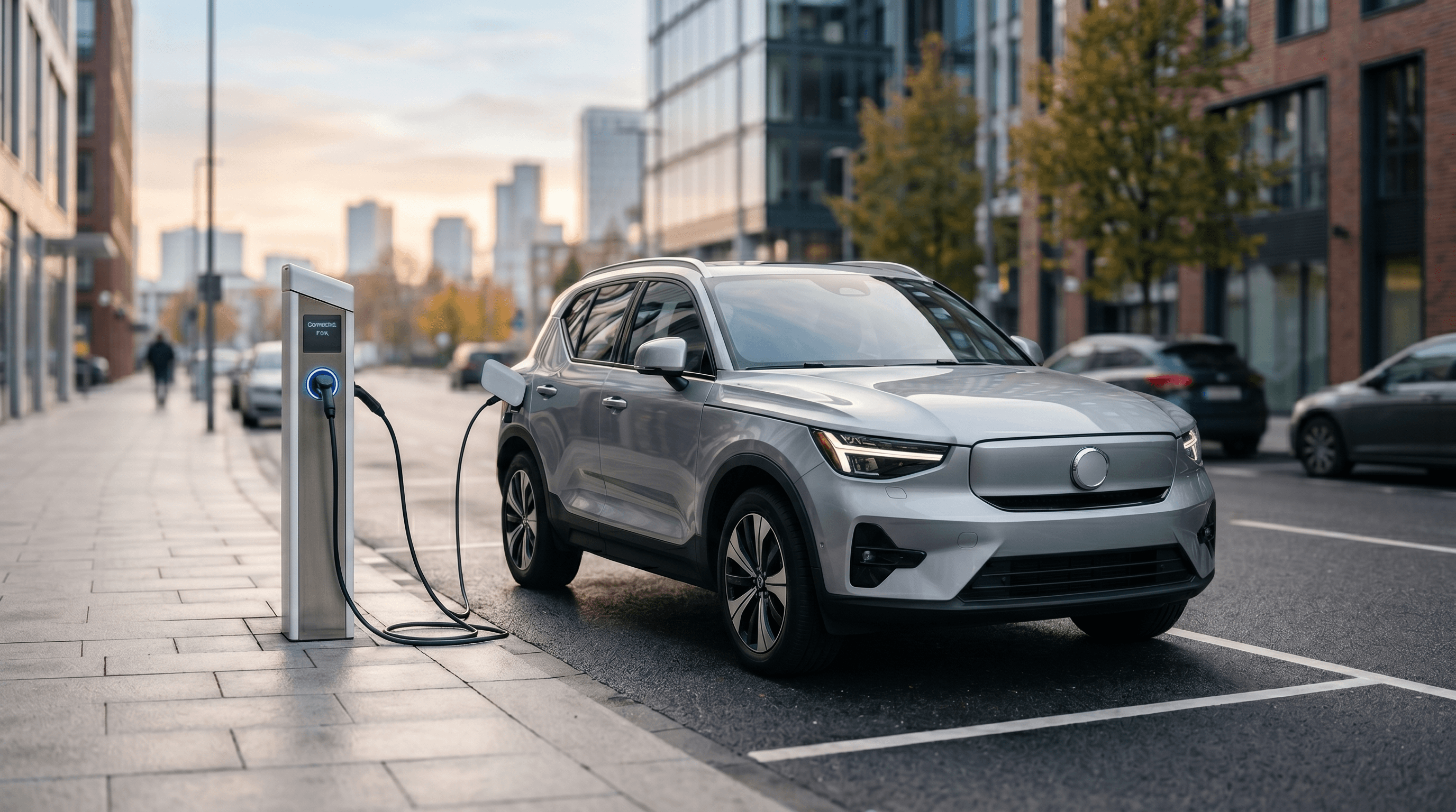 Moderní elektrické SUV nabíjející se u veřejné nabíjecí stanice na městské ulici v ranním světle