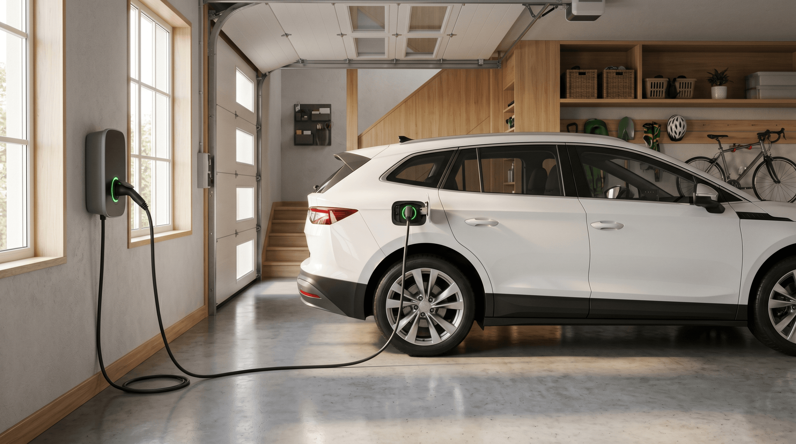 Elektromobil nabíjející se u domácího wallboxu v garáži rodinného domu