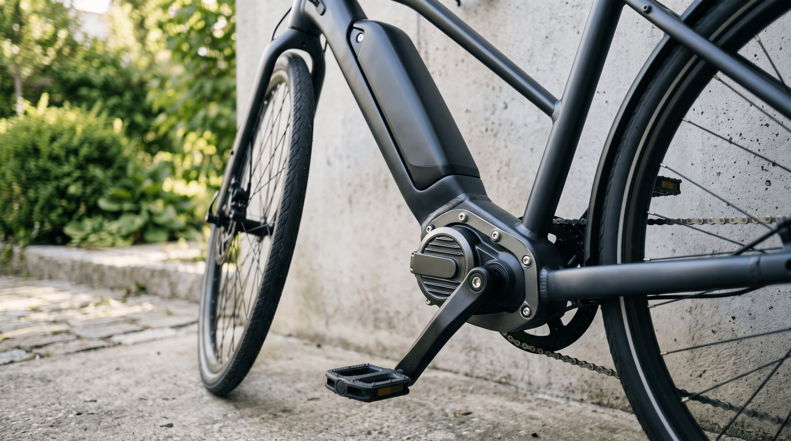 Detail středového motoru a baterie trekkingového elektrokola opřeného o zeď