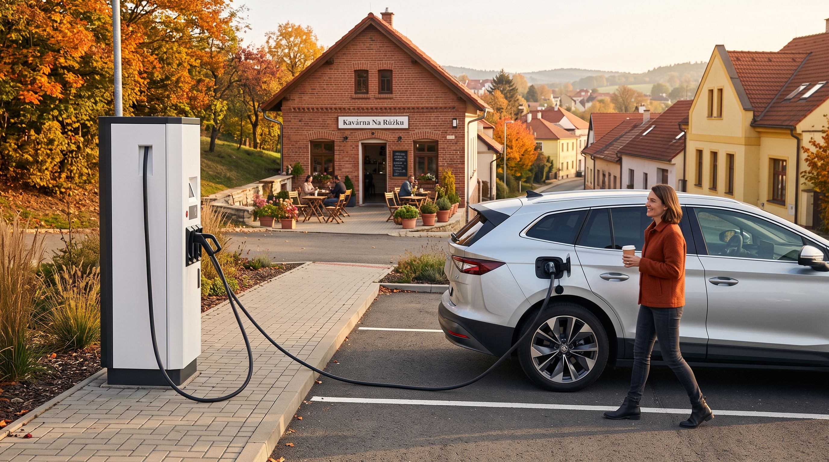Elektromobil na rychlonabíječce na okraji městečka, řidička se vrací s kávou z kavárny naproti