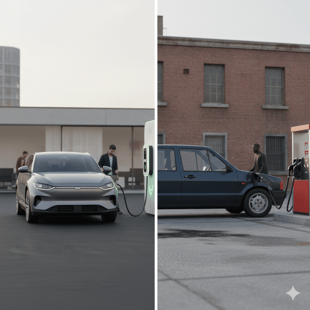 Srovnání nabíjení elektromobilu a tankování benzínu
