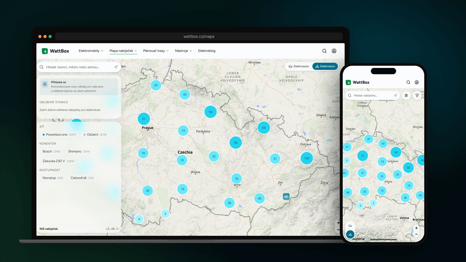 Mapa nabíječek pro elektrokola na WattBoxu na notebooku i mobilu — přes 920 míst po celém Česku