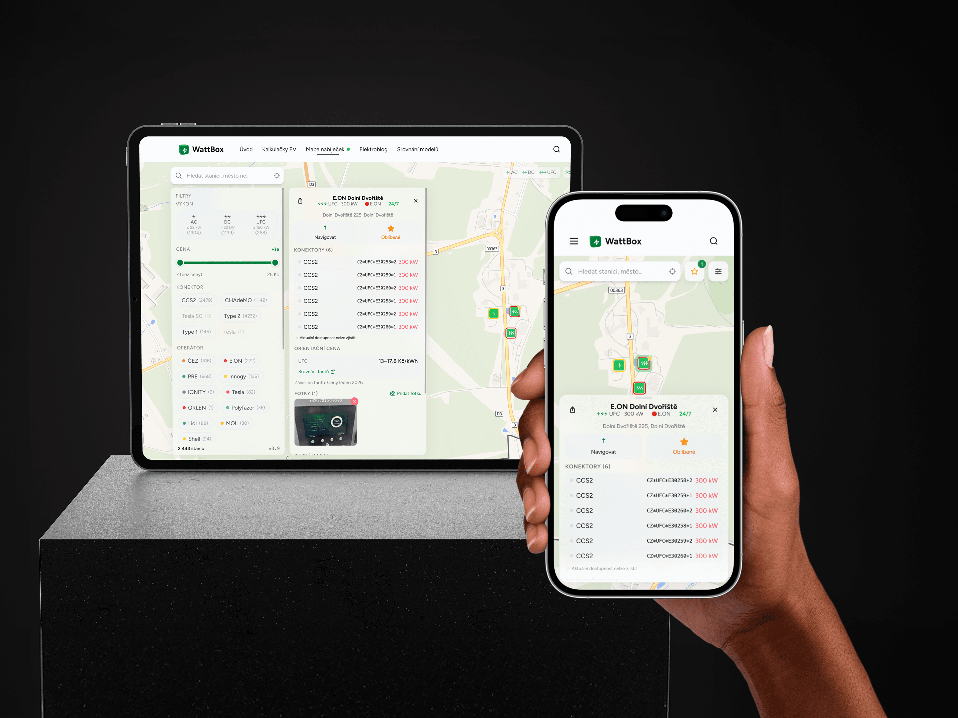 Mapa nabíjecích stanic v ČR na WattBox — desktop a mobilní zobrazení