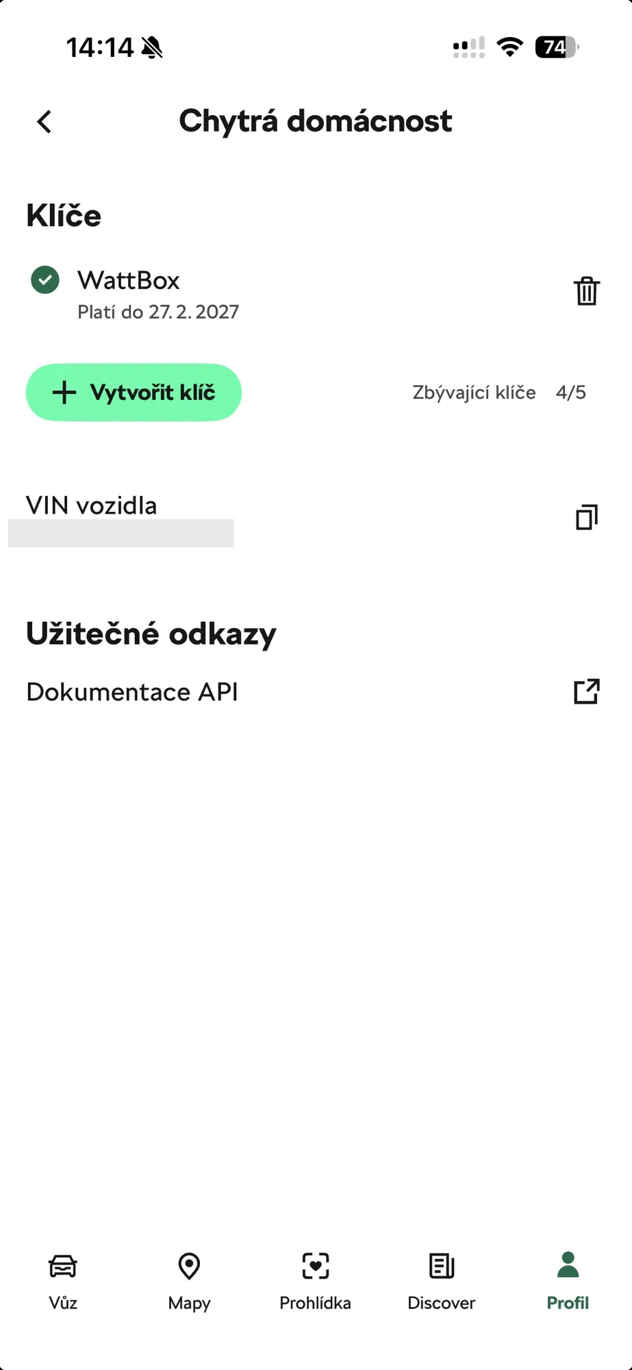 Appka MyŠkoda — sekce Klíče s vytvořeným klíčem a jeho platností, pod ní VIN vozidla