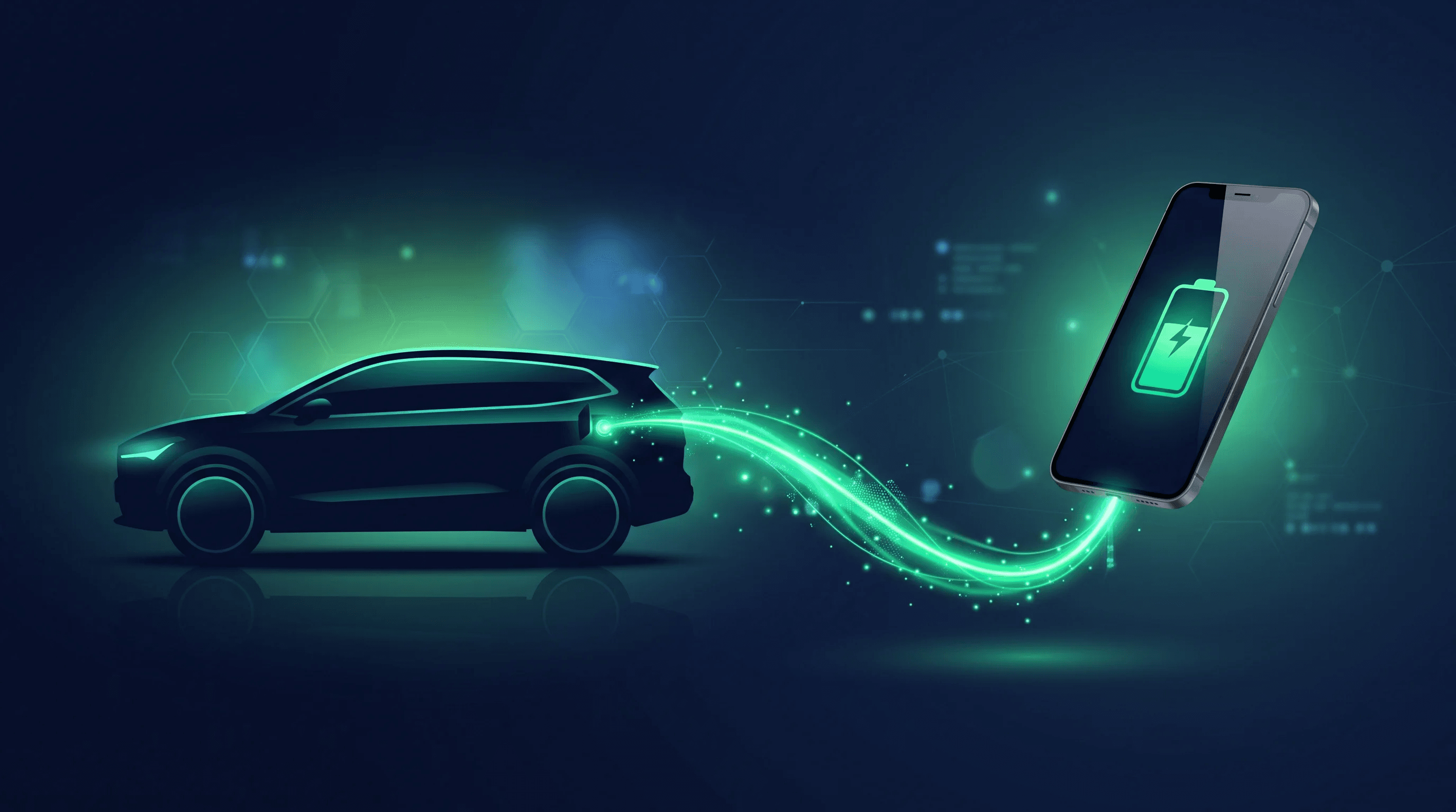 Abstraktní vizualizace propojení elektromobilu se smartphonem přes zelený proud dat, tmavě modré pozadí