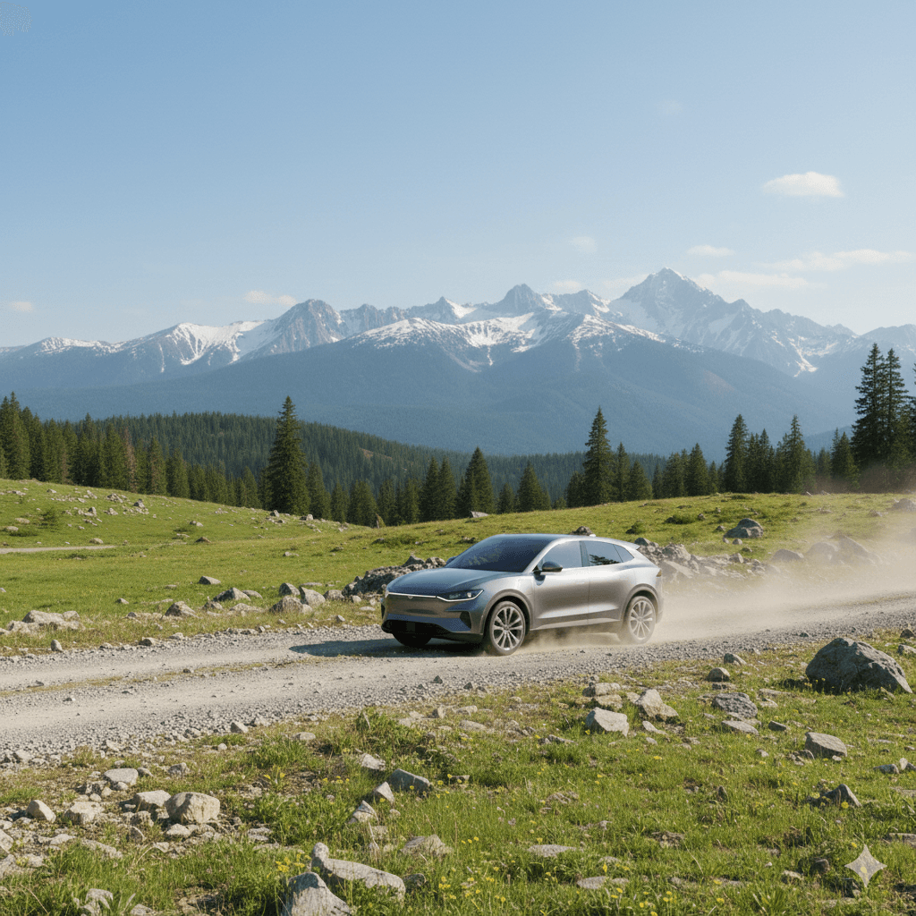 Elektromobil jedoucí krajinou s horami v pozadí