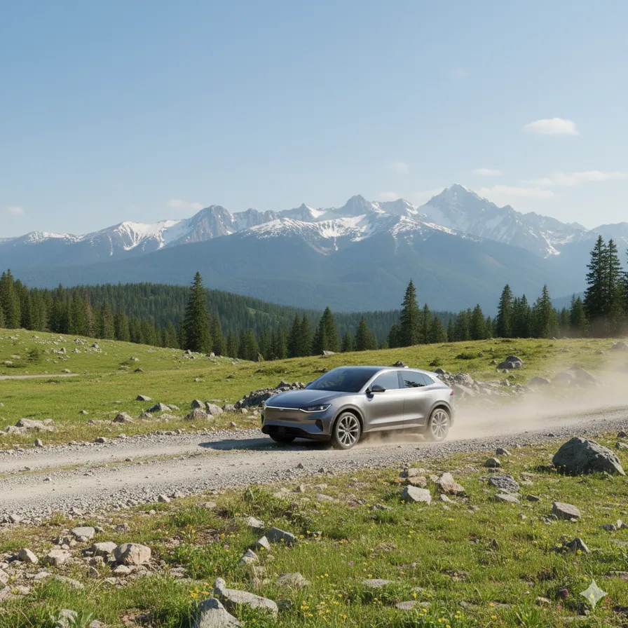 Elektromobil jedoucí krajinou s horami v pozadí