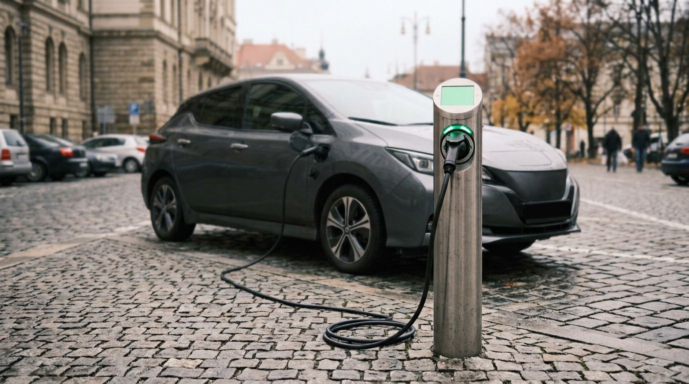 Nabíjecí kabel typ 2 zapojený do zásuvky veřejné AC nabíjecí stanice, druhý konec v elektromobilu