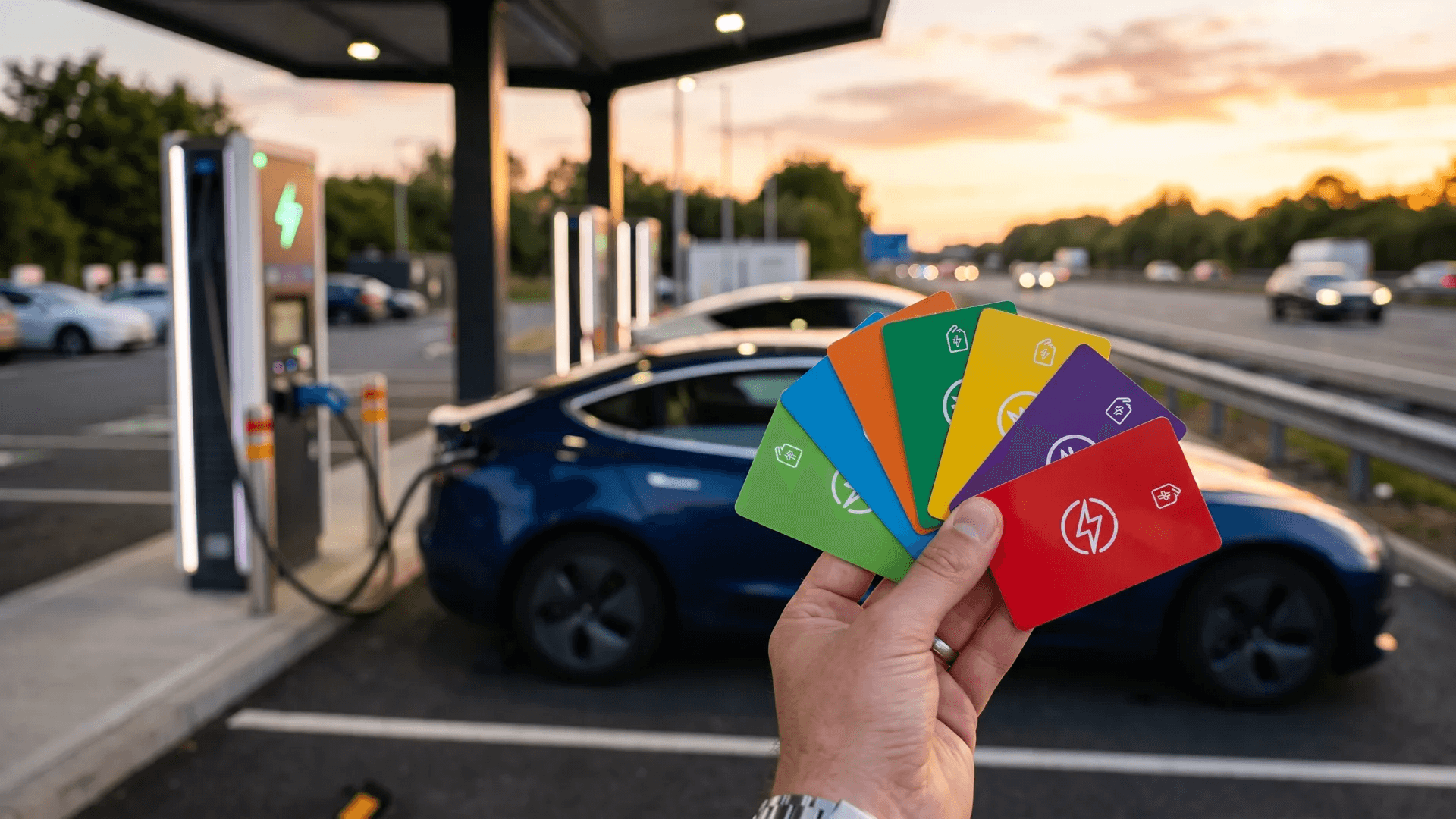 Ruka drží vějíř barevných nabíjecích karet před elektromobilem nabíjejícím na rychlonabíjecí stanici při západu slunce