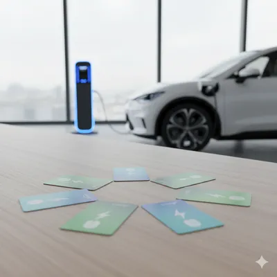 Nabíjecí karty pro elektromobily rozložené na stole