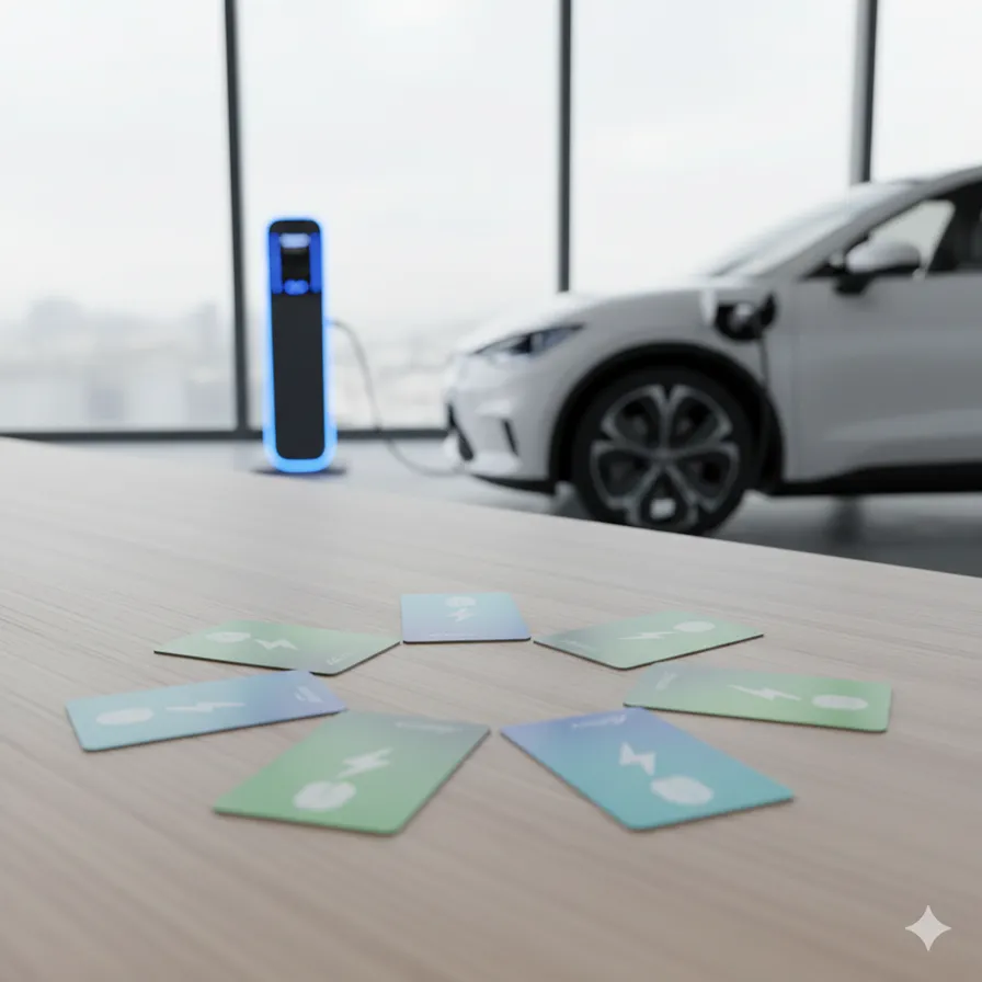 Nabíjecí karty pro elektromobily rozložené na stole