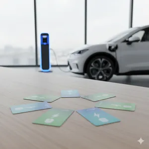 Nabíjecí karty pro elektromobily rozložené na stole