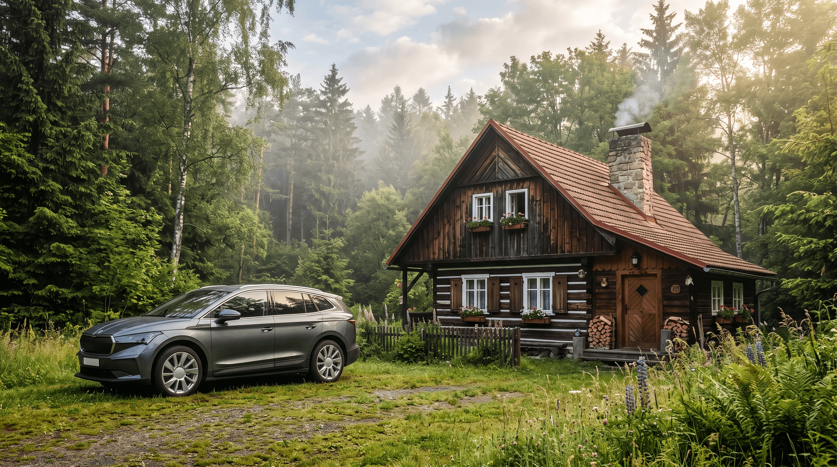 Šedý elektromobil zaparkovaný na trávě před roubenou chatou v letním lese