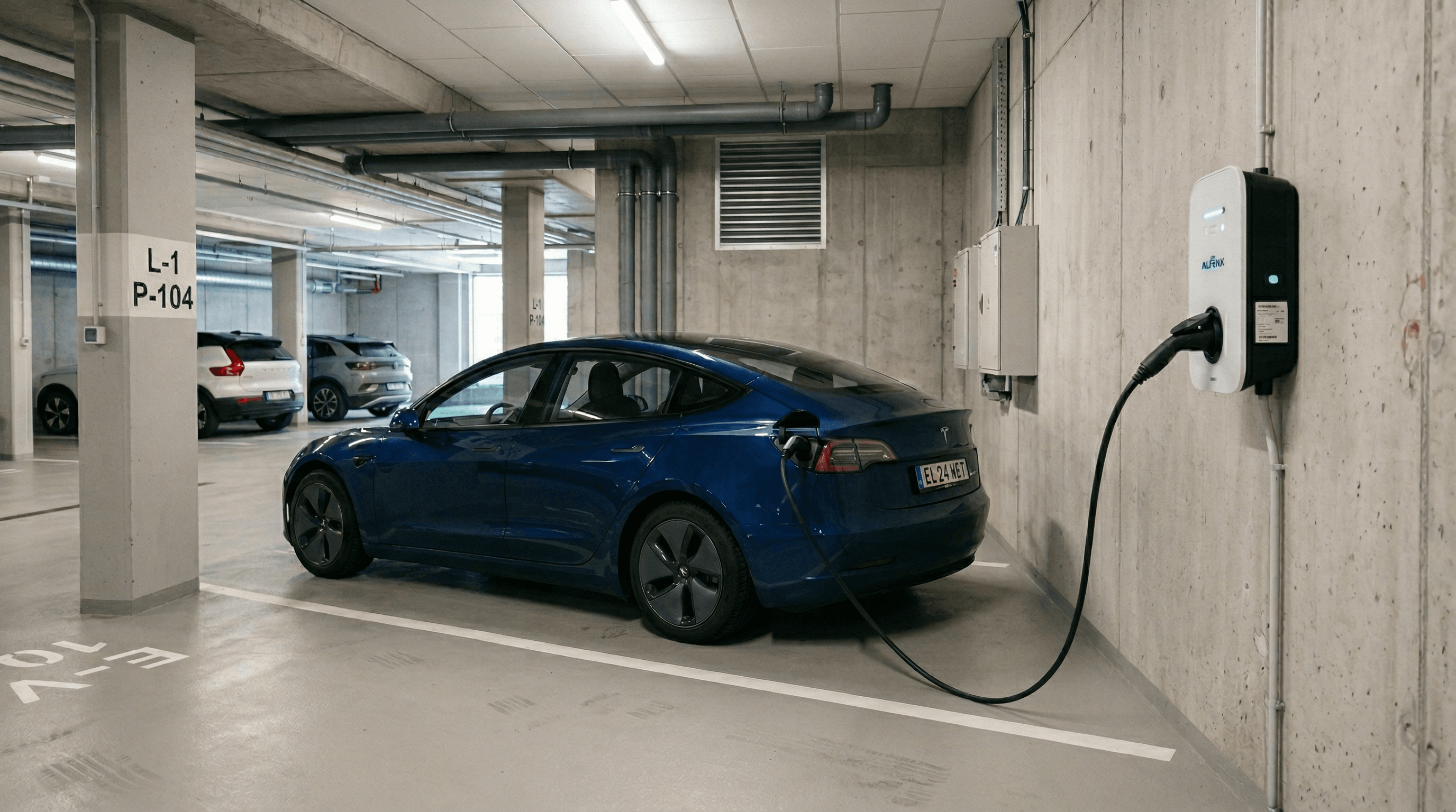 Elektromobil parkující v podzemní garáži bytového domu s wallboxem na stěně