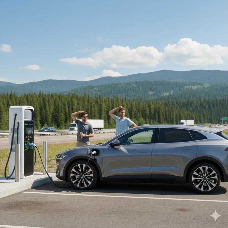 Elektromobil u rychlonabíječky s horami v pozadí