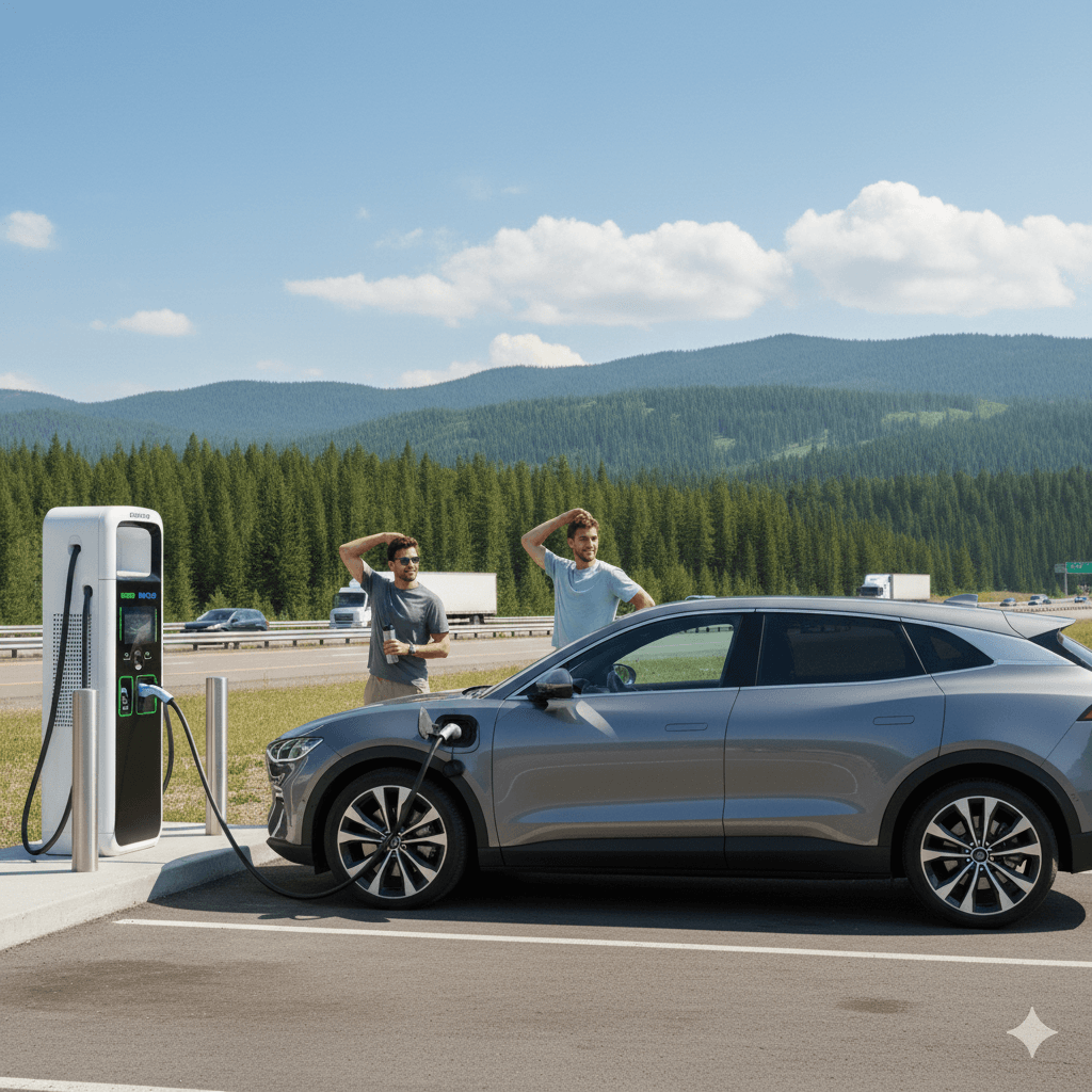 Elektromobil u rychlonabíječky s horami v pozadí