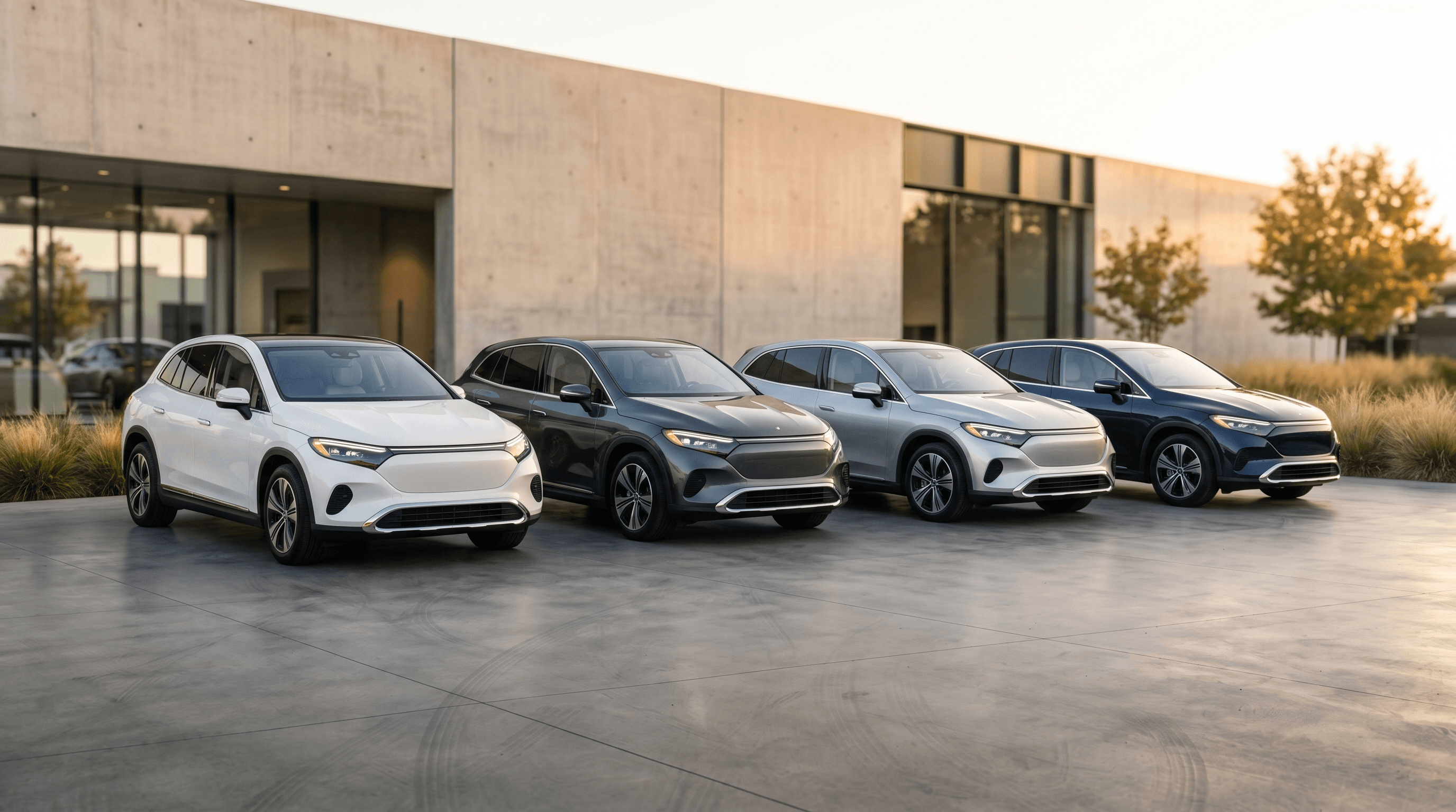 Lineup čtyř moderních elektrických SUV před moderním showroomem v zlatém odpoledním světle