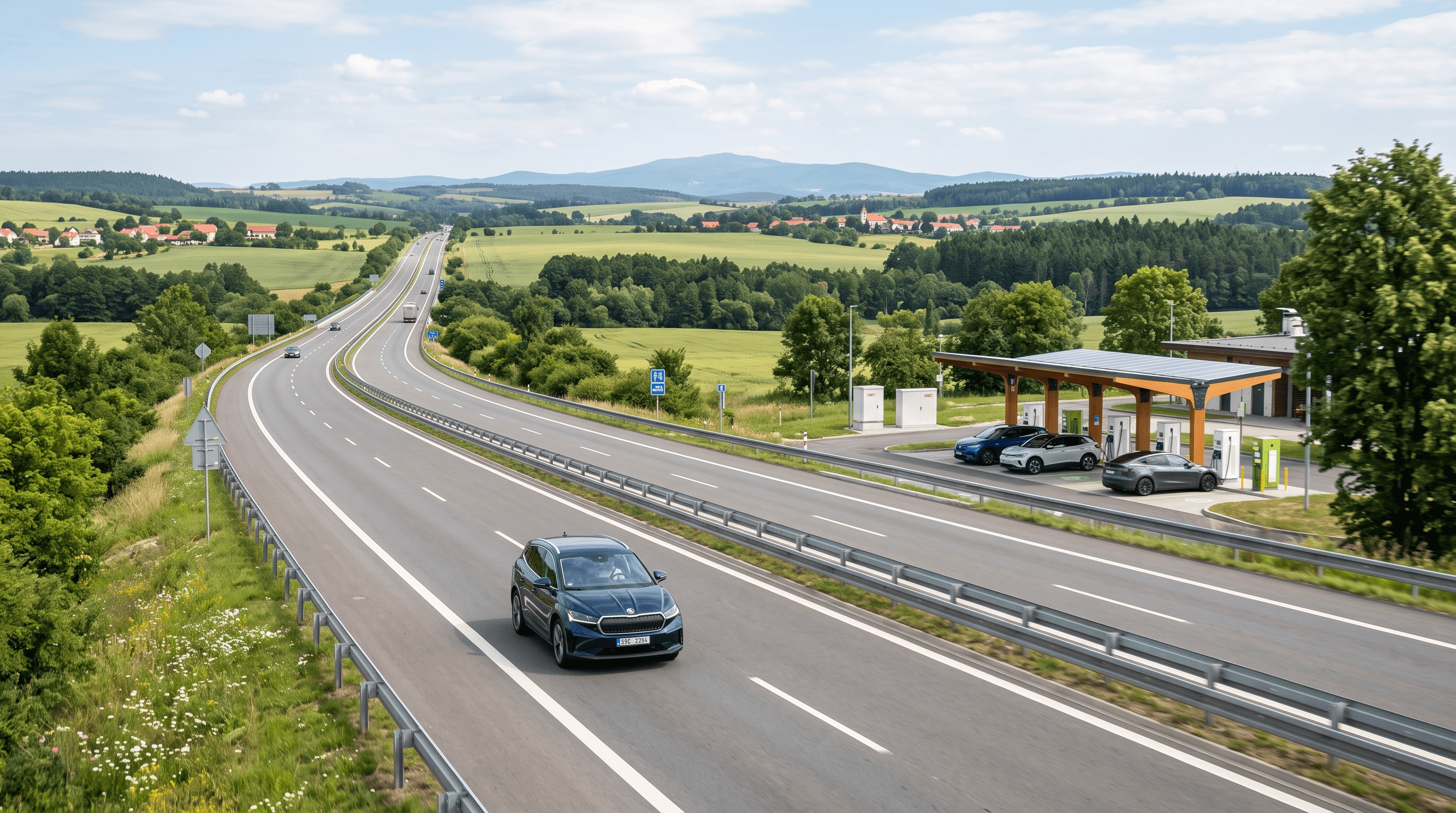 Elektromobil na české dálnici při delší cestě s nabíjecí stanicí v pozadí