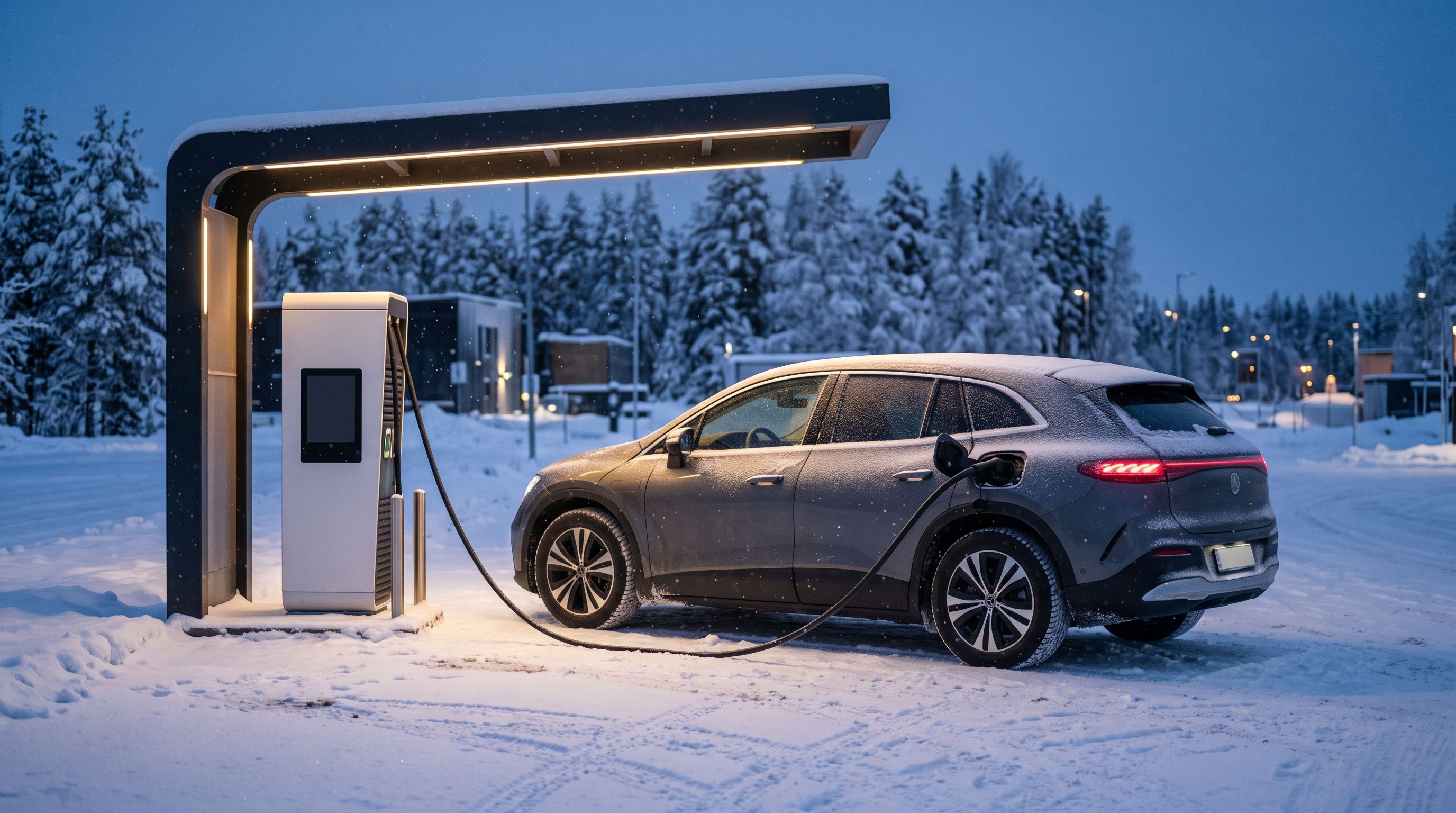 Elektromobil na rychlonabíječce za zimního soumraku, kolem zasněžené smrky