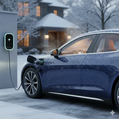 Elektromobil připojený k nabíječce v zimním ránu