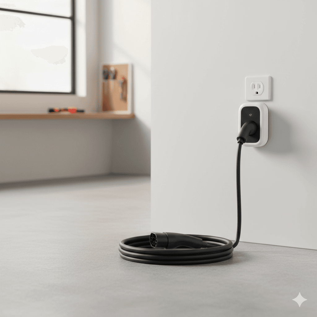 Přenosná nabíječka elektromobilu připojená k zásuvce