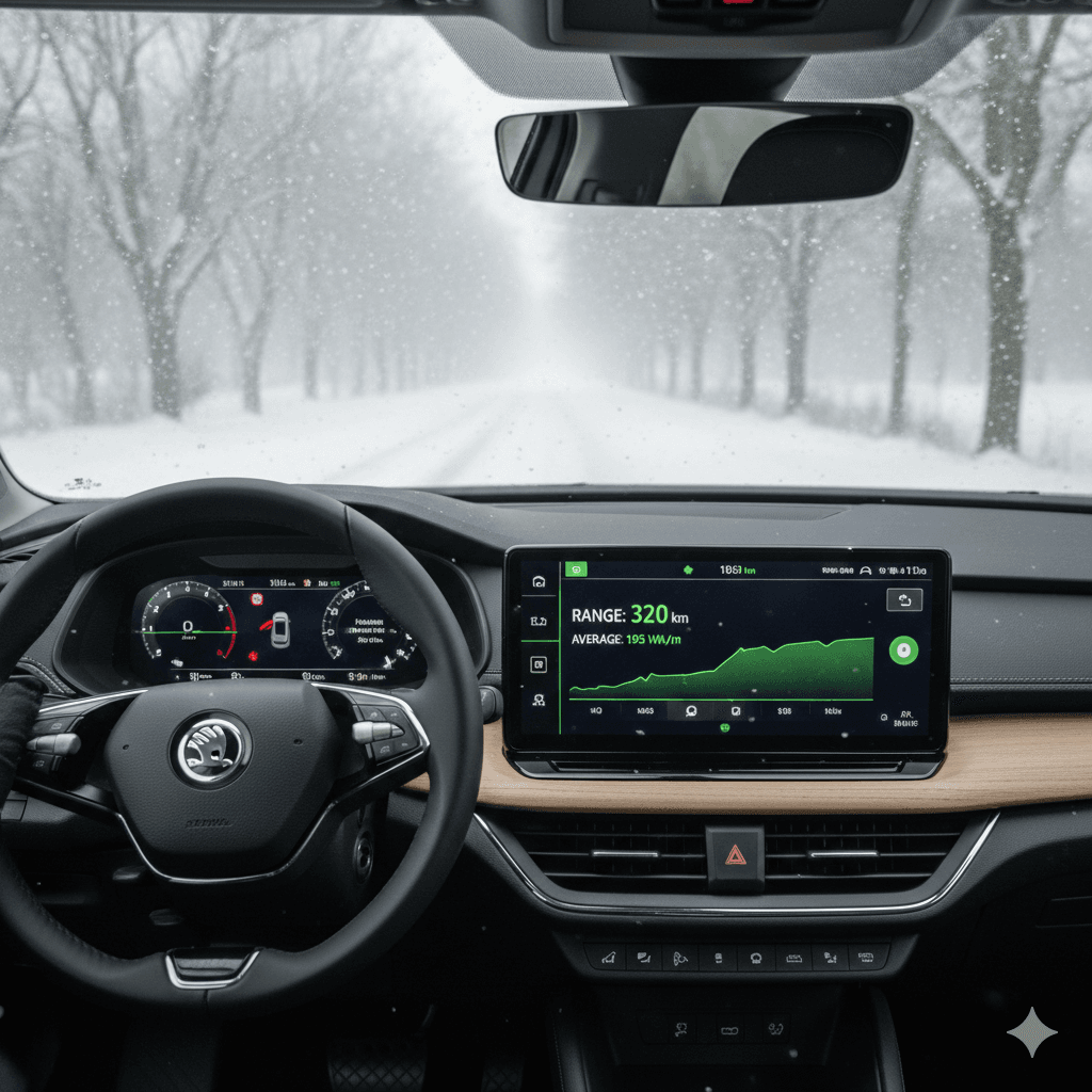 Palubní deska Škoda Enyaq zobrazující odhad dojezdu