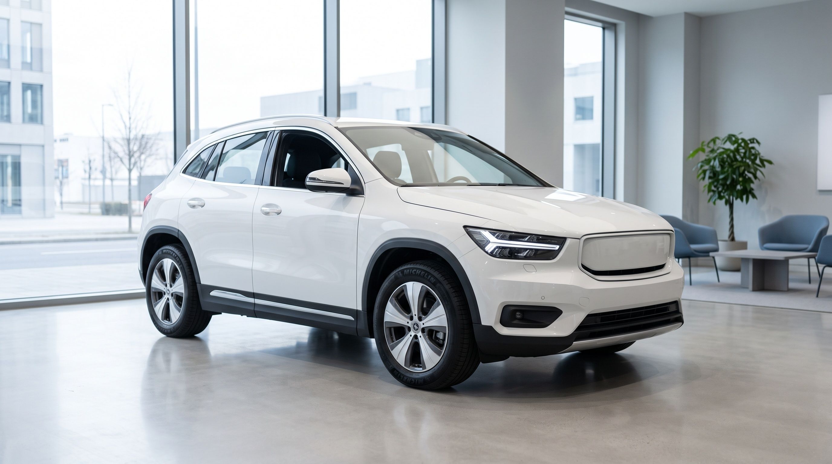 Bílé elektrické SUV ve světlém showroomu autosalonu