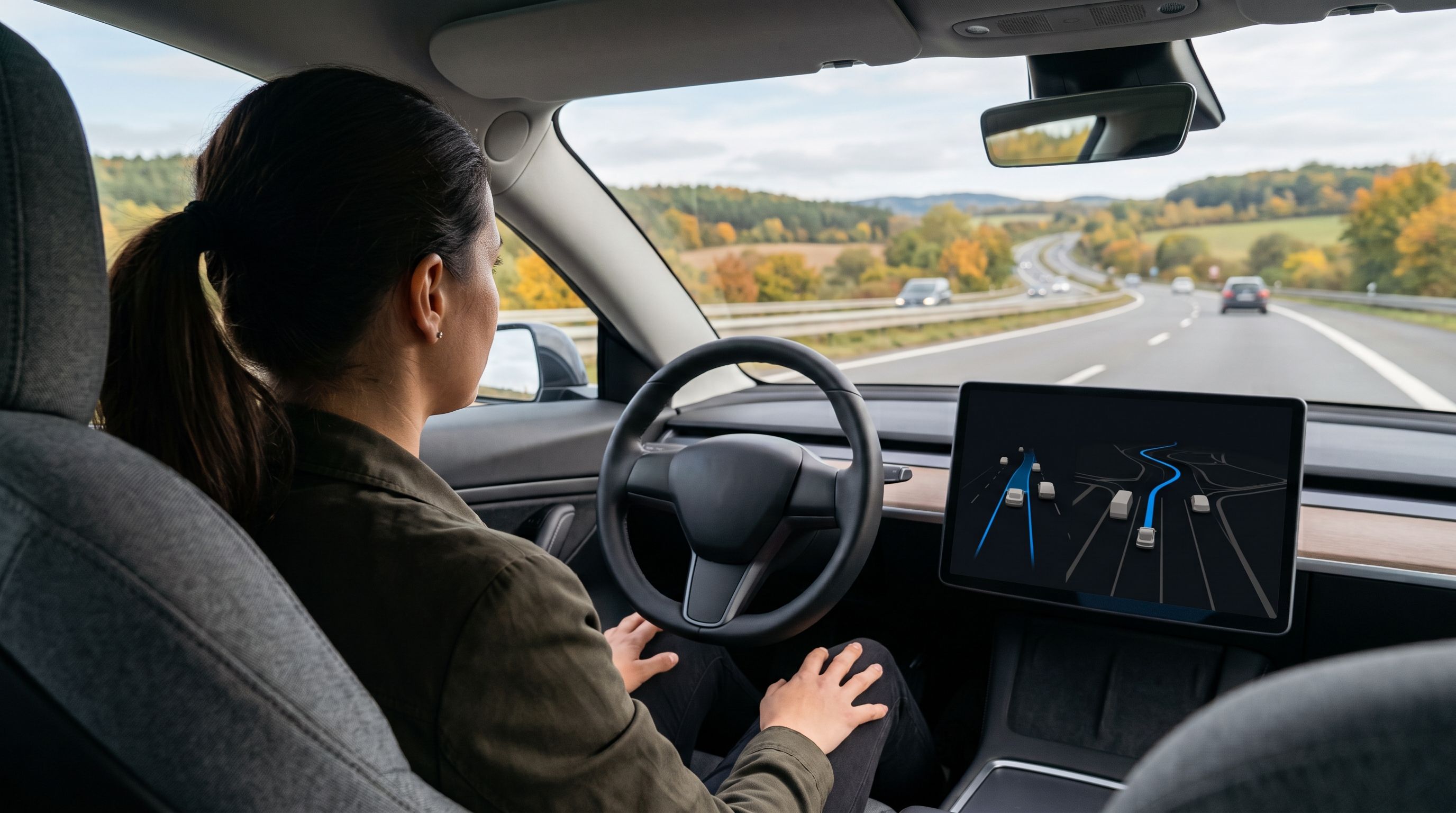 Řidička v elektromobilu na dálnici drží ruce volně na klíně, na středovém displeji je vizualizace okolního provozu