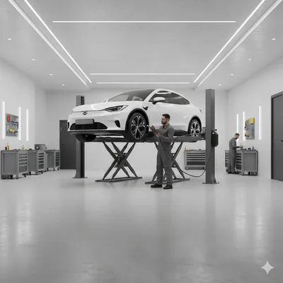 Elektromobil na zvedáku v servisní dílně