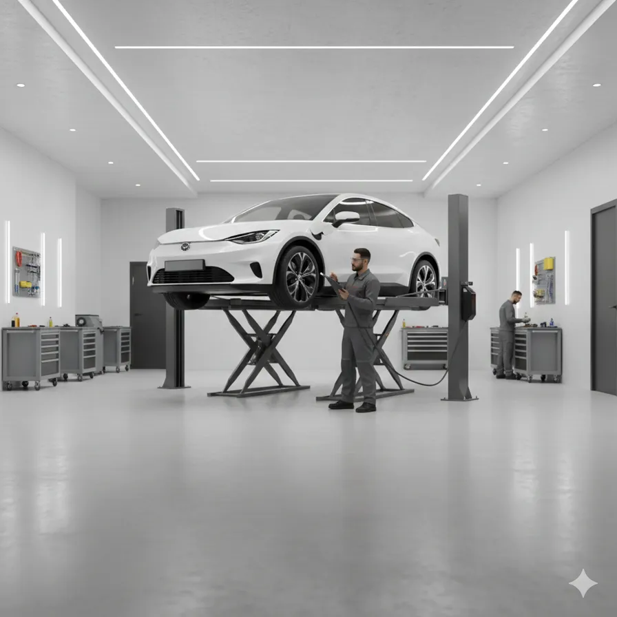 Elektromobil na zvedáku v servisní dílně