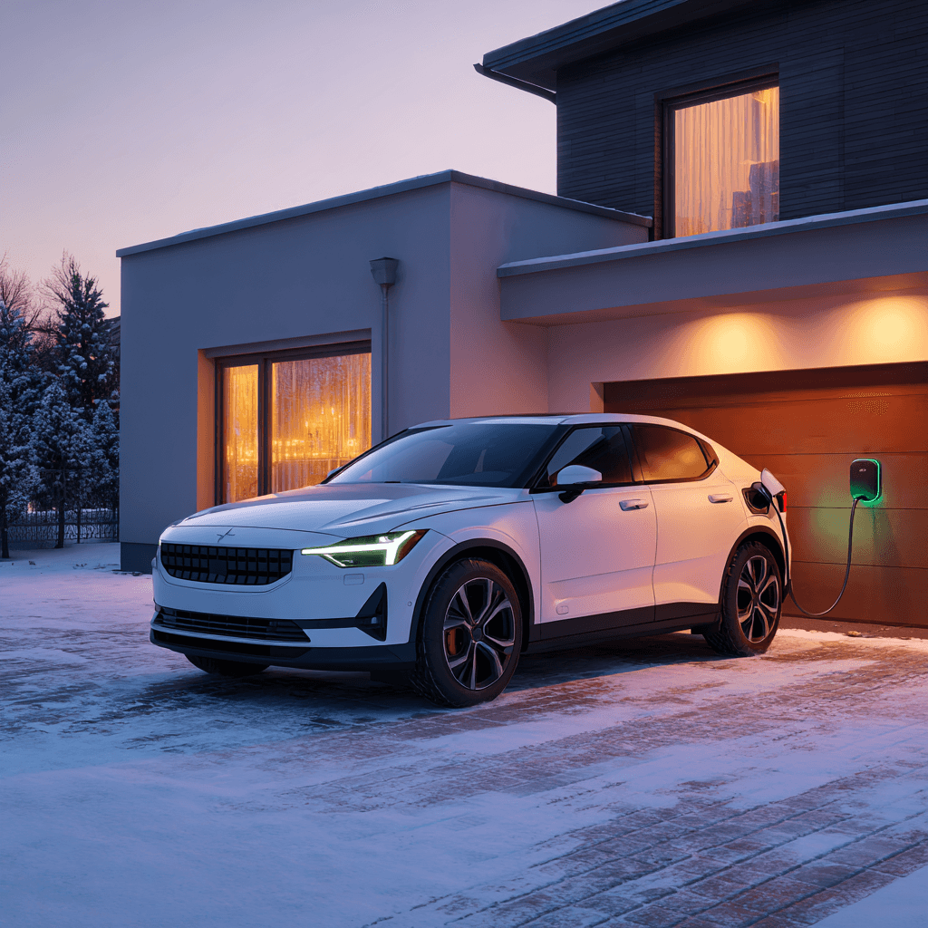 Elektromobil nabíjený u rodinného domu v podvečerním světle