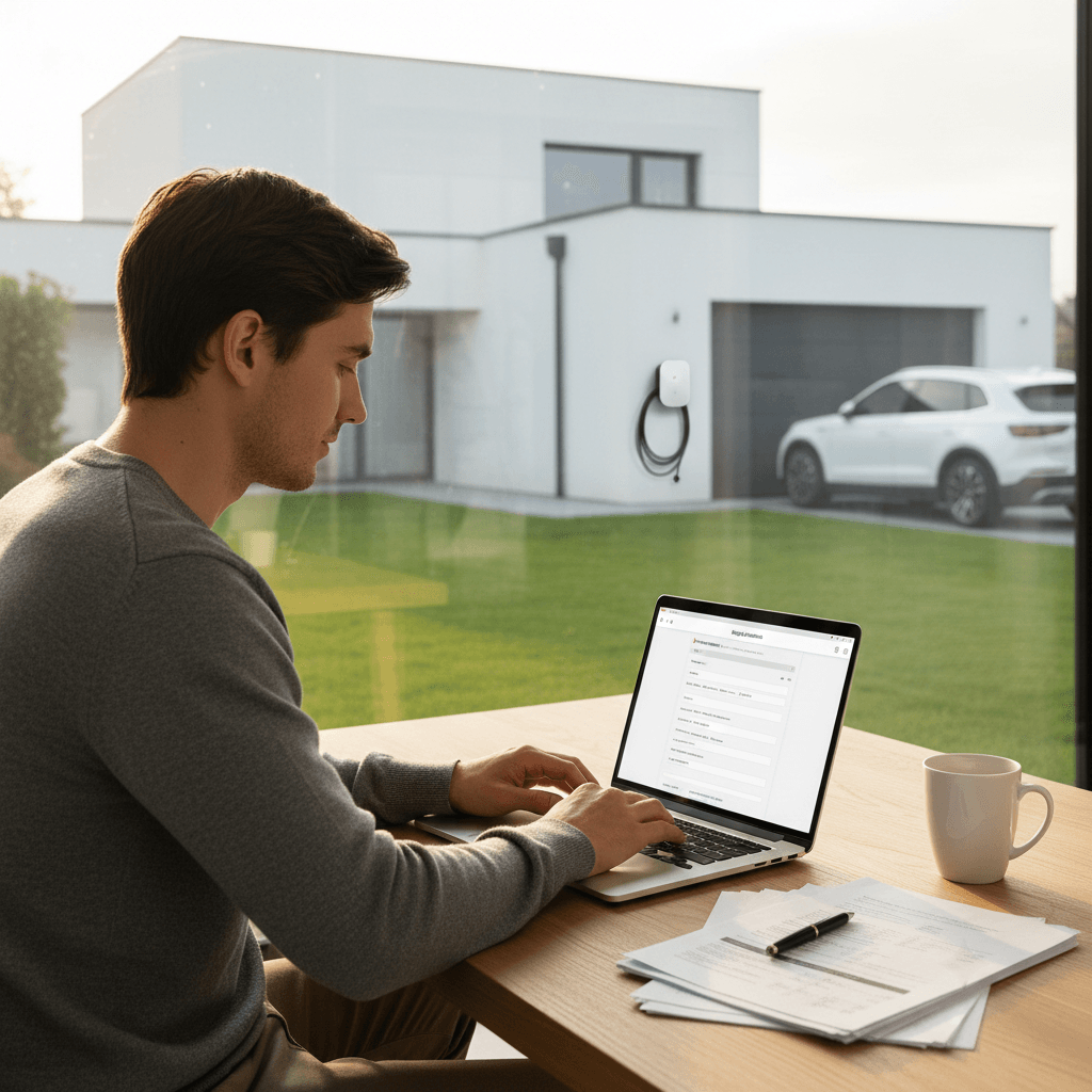 Muž vyplňuje online žádost o připojení wallboxu na notebooku