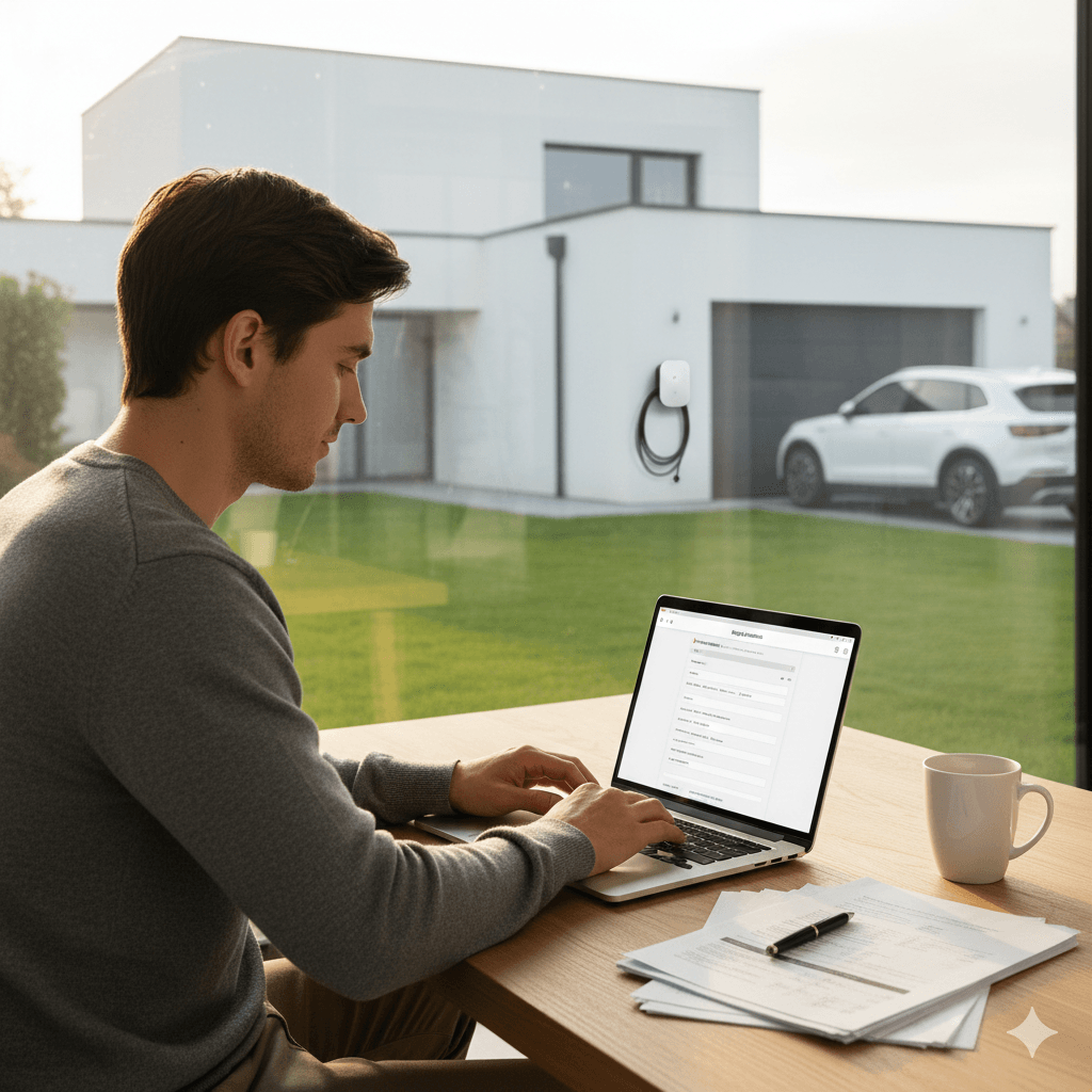 Muž vyplňuje online žádost o připojení wallboxu na notebooku