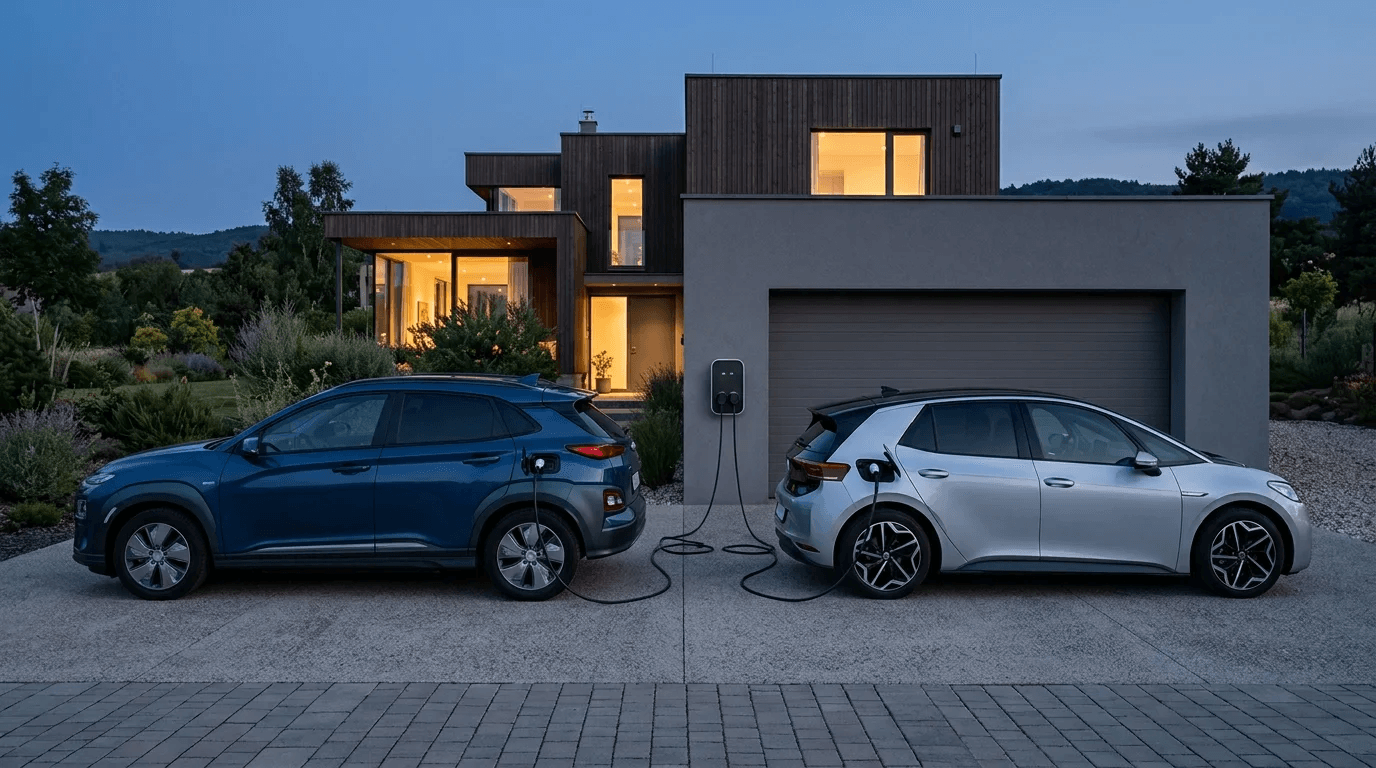 Dva elektromobily nabíjené z jednoho dvojitého wallboxu na příjezdové cestě rodinného domu