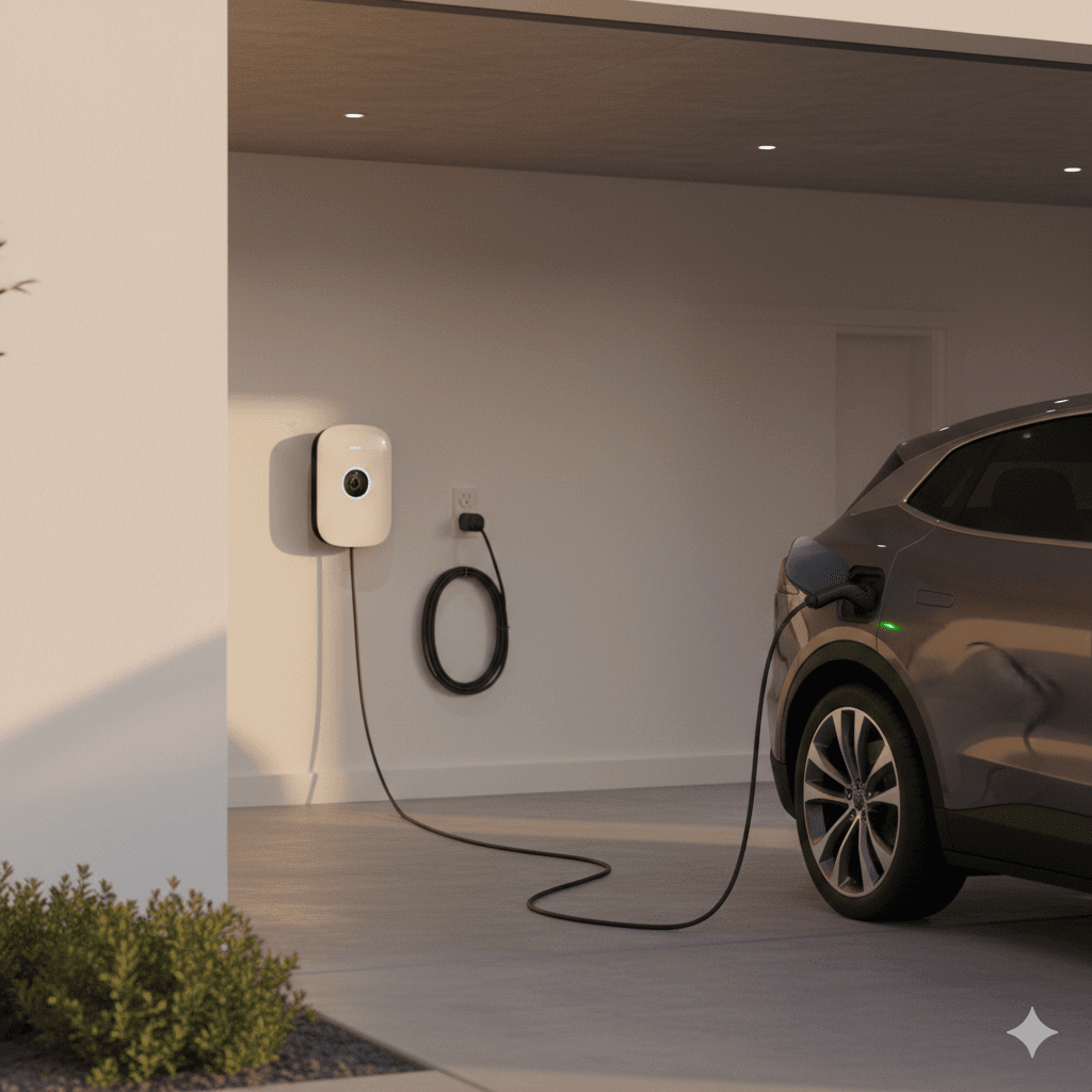 Wallbox a chytrá zásuvka na stěně garáže