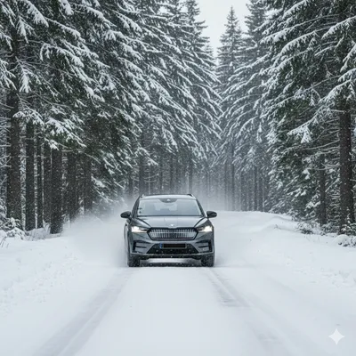 Škoda Enyaq jedoucí po zasněžené silnici